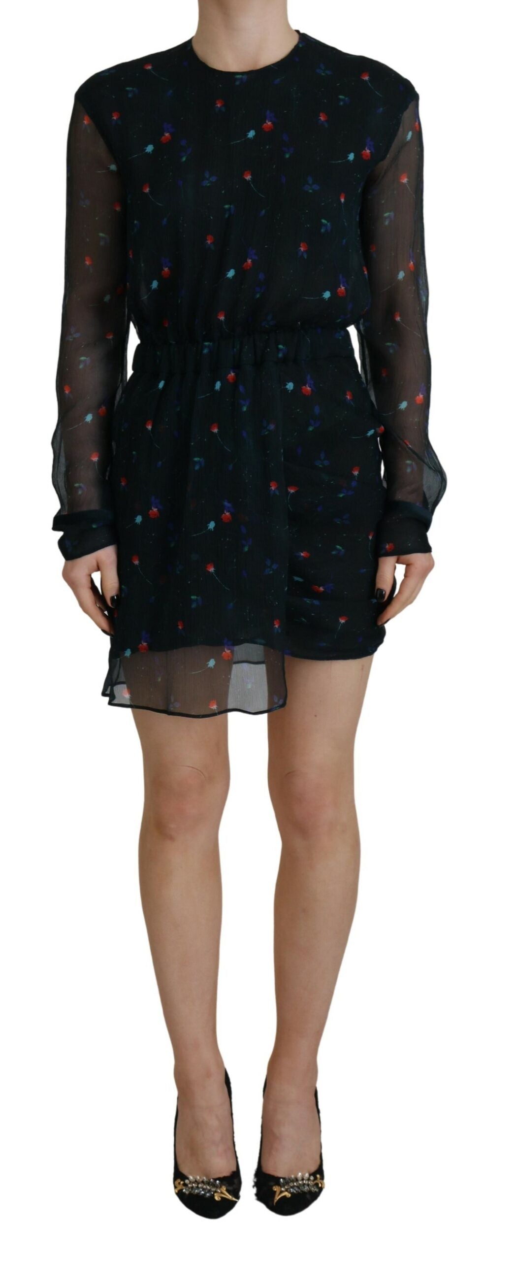 Dsquared² Black Floral Silk Long Sleeves Sheath Mini Women's Dress (Pre-Owned)