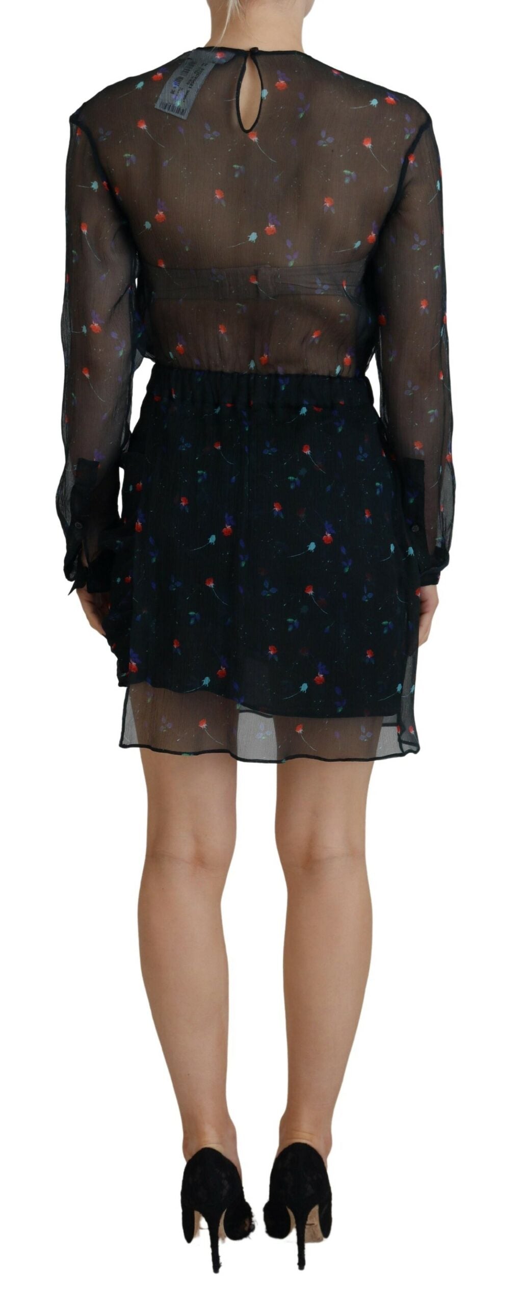 Dsquared² Black Floral Silk Long Sleeves Sheath Mini Women's Dress (Pre-Owned)