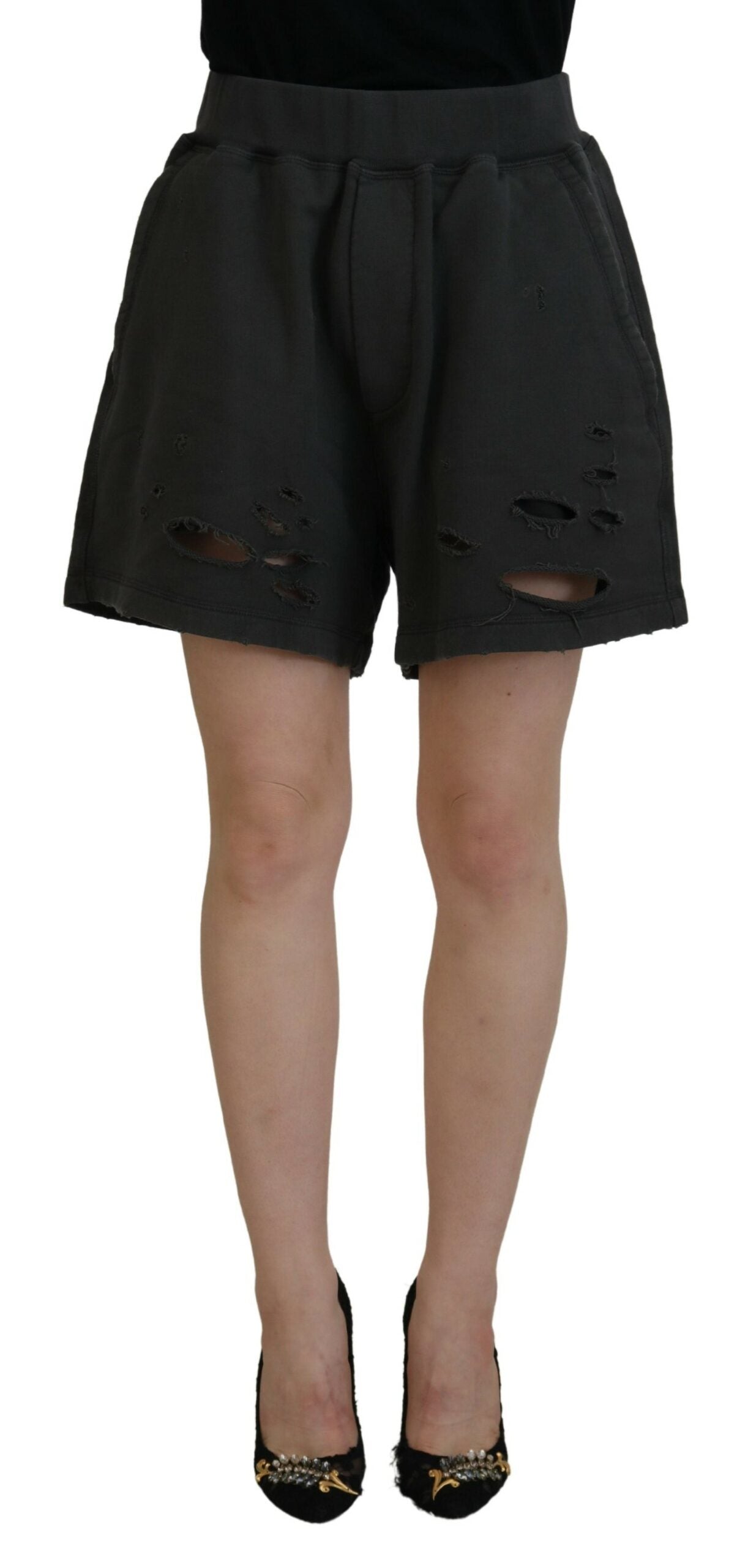 Dsquared² Black Cotton Mid Waist Tattered Tapered Women's Shorts (Pre-Owned)