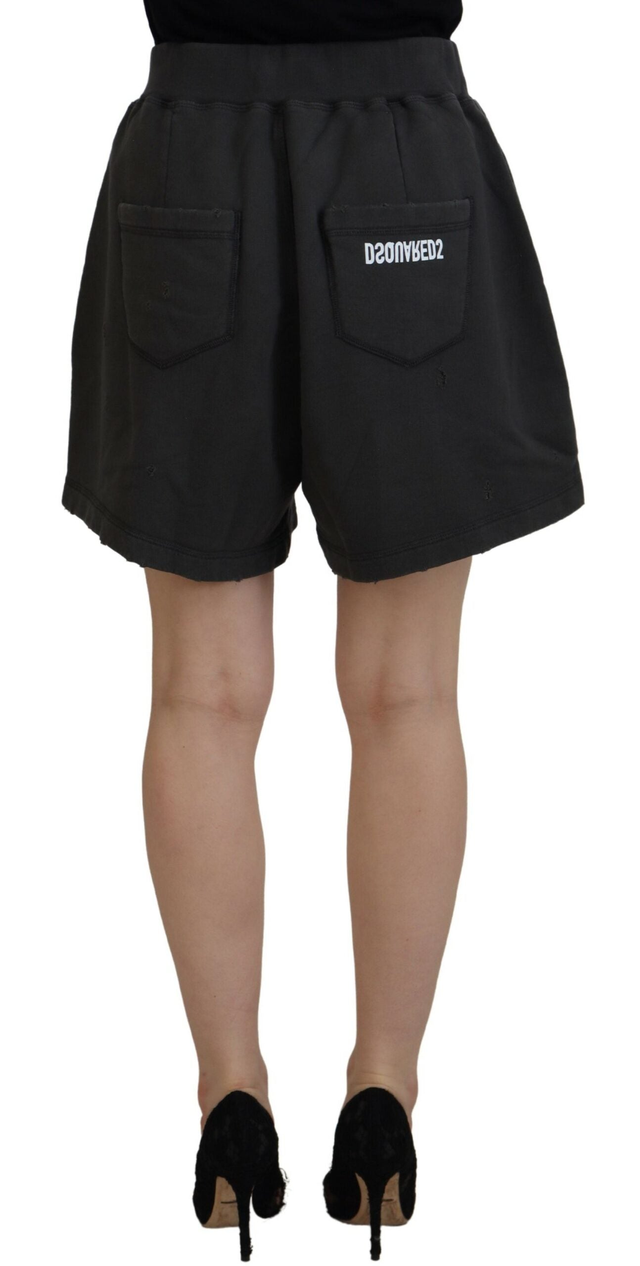 Dsquared² Black Cotton Mid Waist Tattered Tapered Women's Shorts (Pre-Owned)