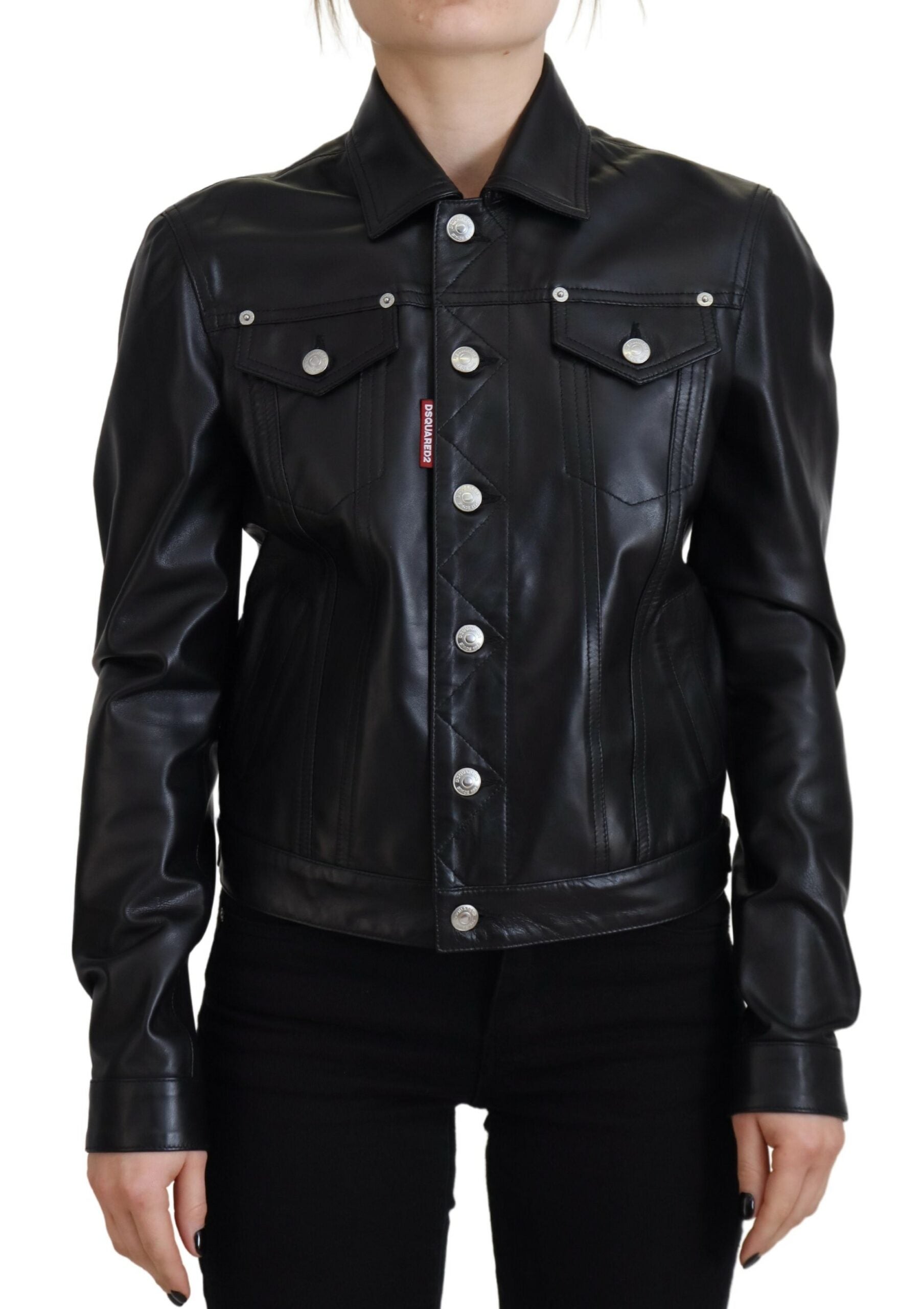 Dsquared² Black Leather Collared Long Sleeves Women's Jacket (Pre-Owned)