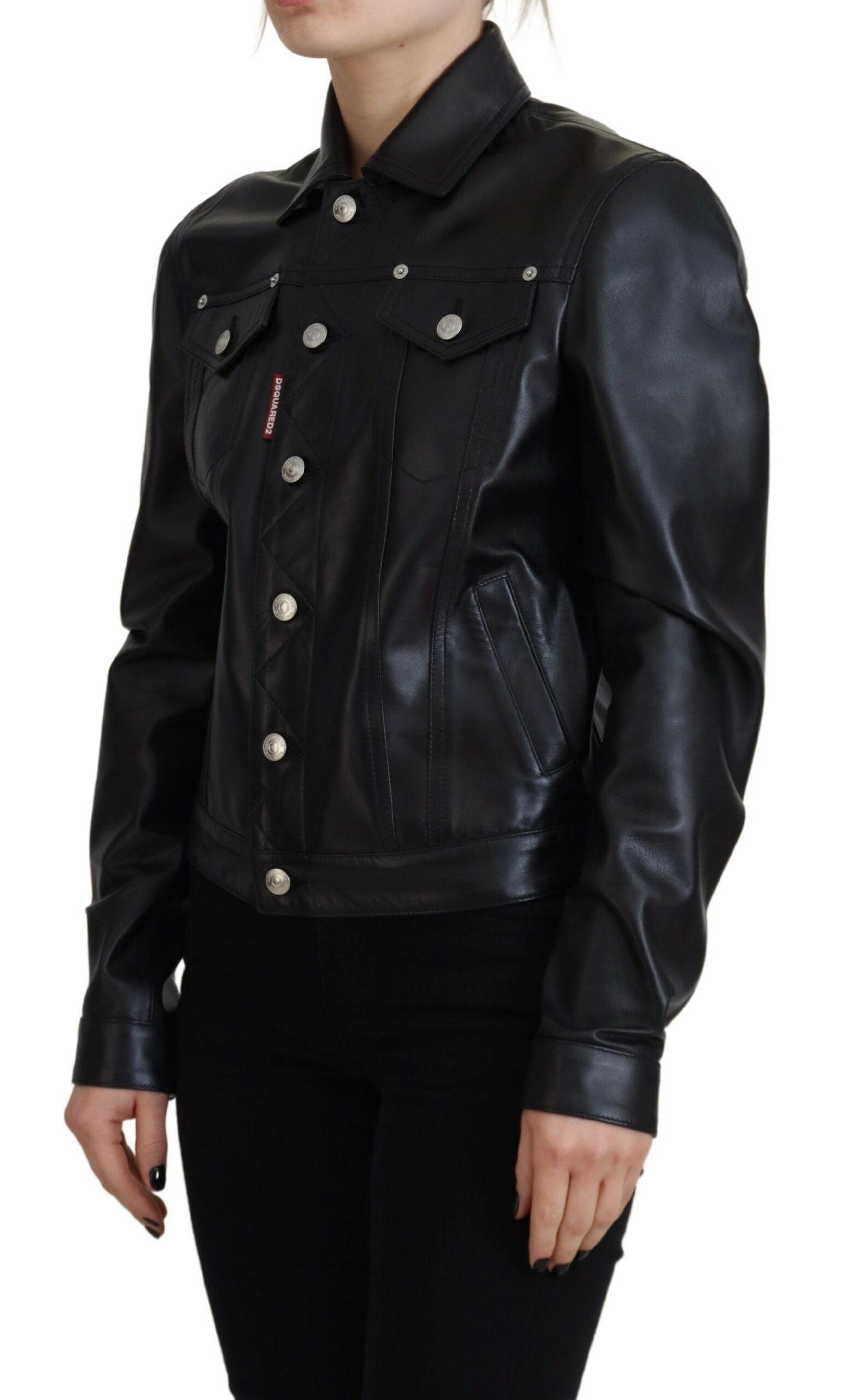 Dsquared² Black Leather Collared Long Sleeves Women's Jacket (Pre-Owned)