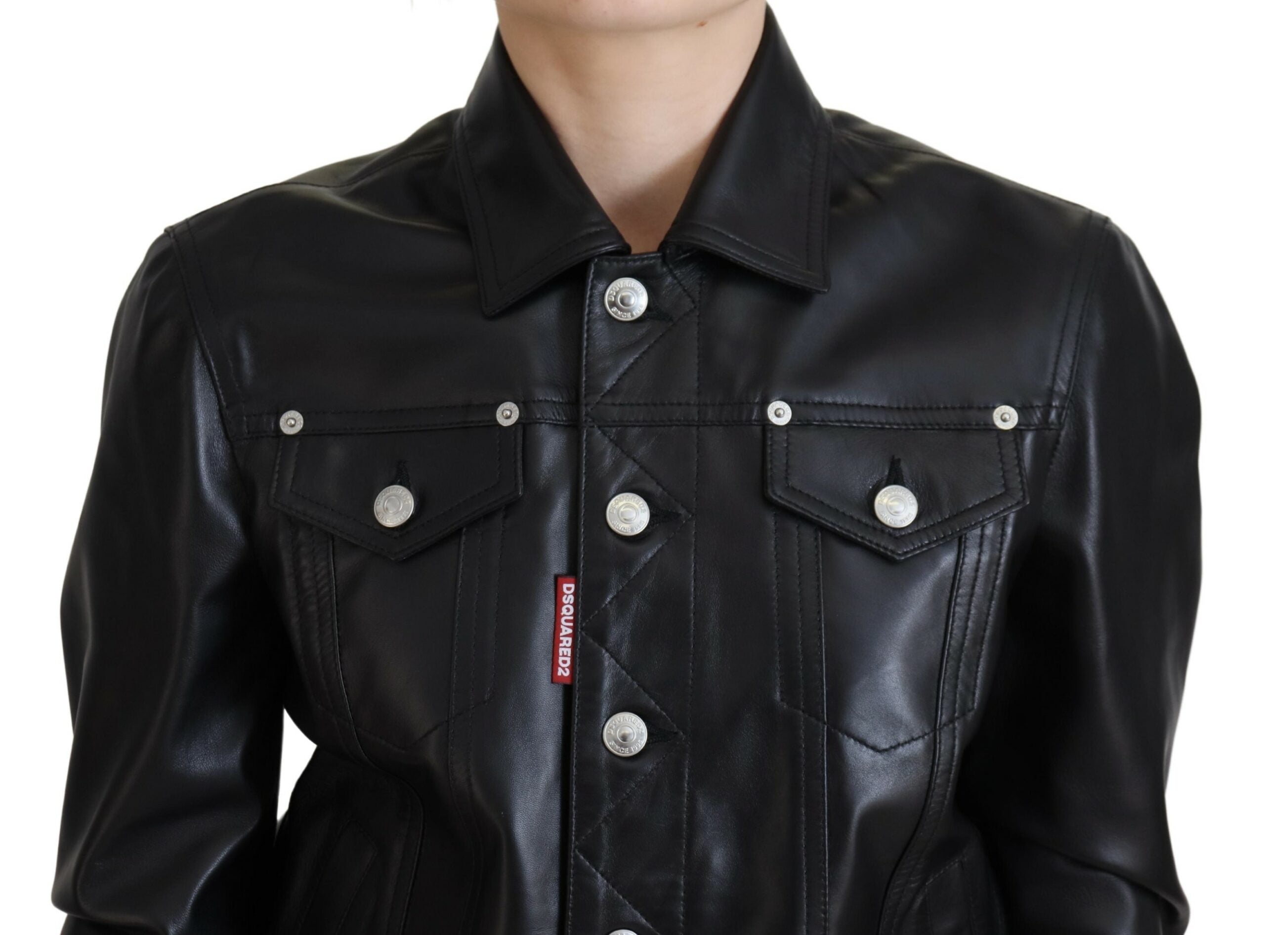 Dsquared² Black Leather Collared Long Sleeves Women's Jacket (Pre-Owned)