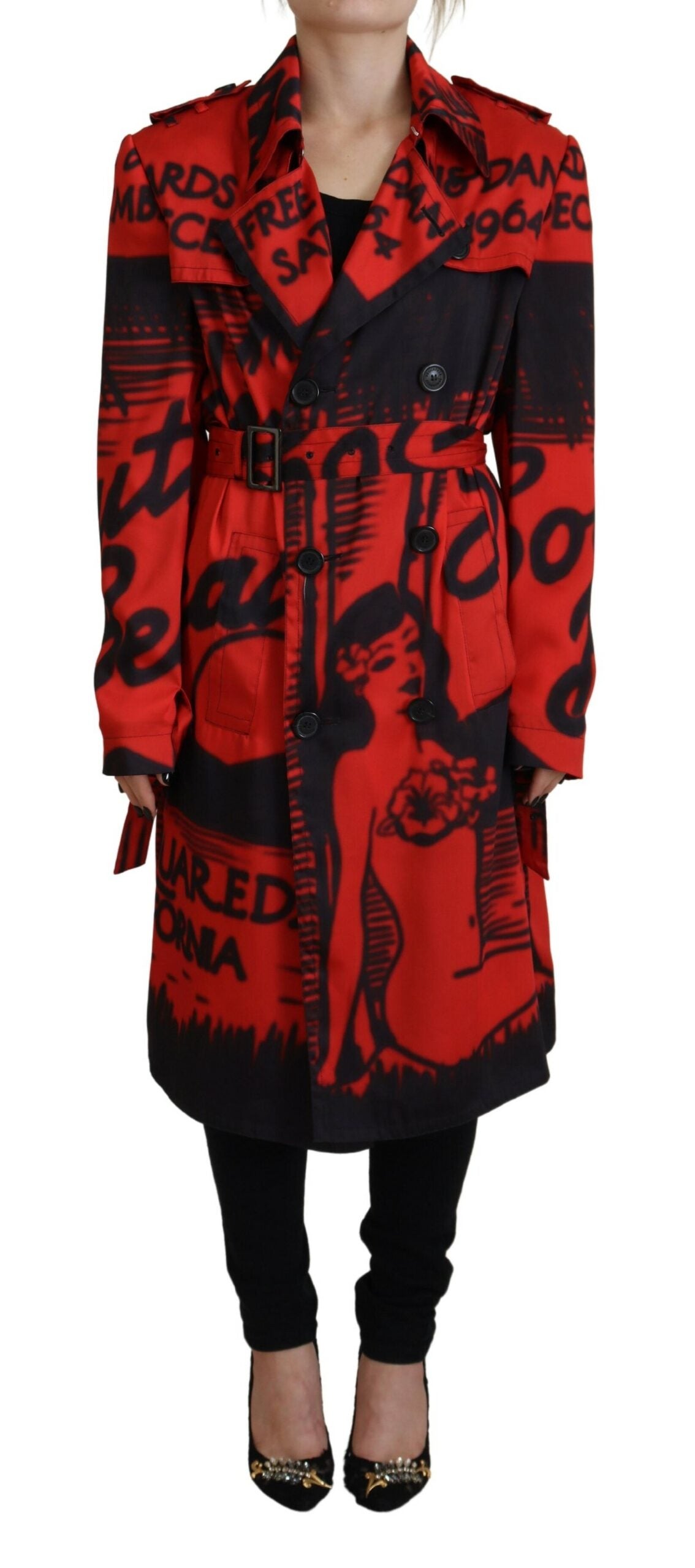 Dsquared² Red Printed Button Collared Desigual Coat Women's Jacket (Pre-Owned)