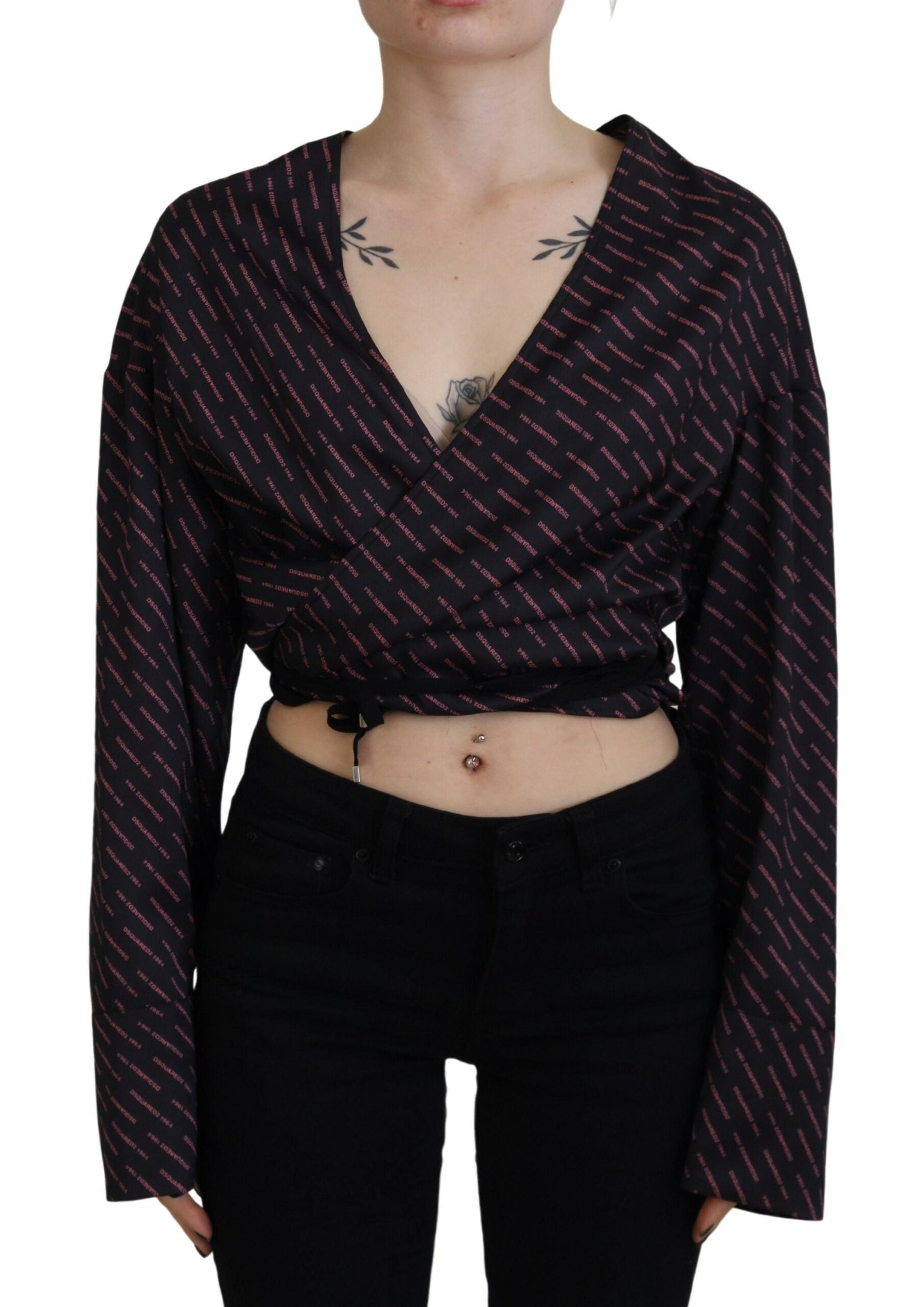 Dsquared² Black Polyester Cropped Logo Printed Blouse Women's Top (Pre-Owned)