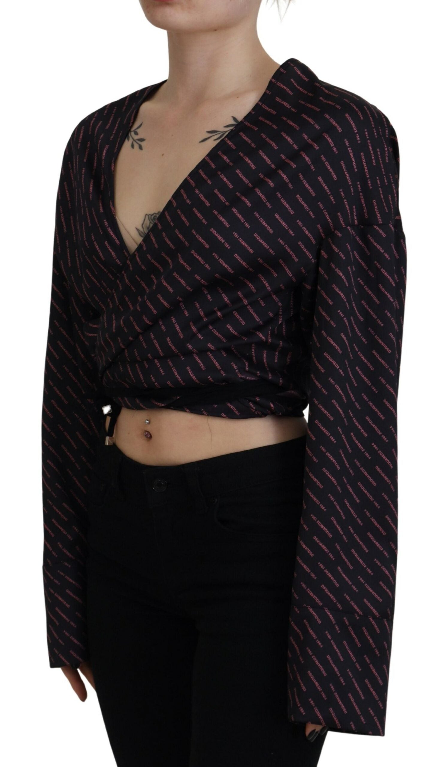 Dsquared² Black Polyester Cropped Logo Printed Blouse Women's Top (Pre-Owned)