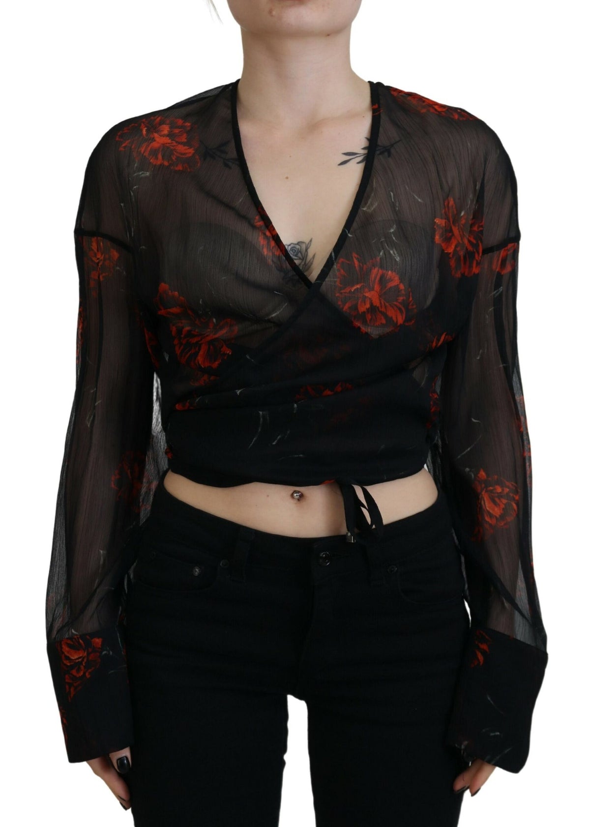 Dsquared² Black Floral Print Cropped Wrap Long Sleeves Women's Top (Pre-Owned)