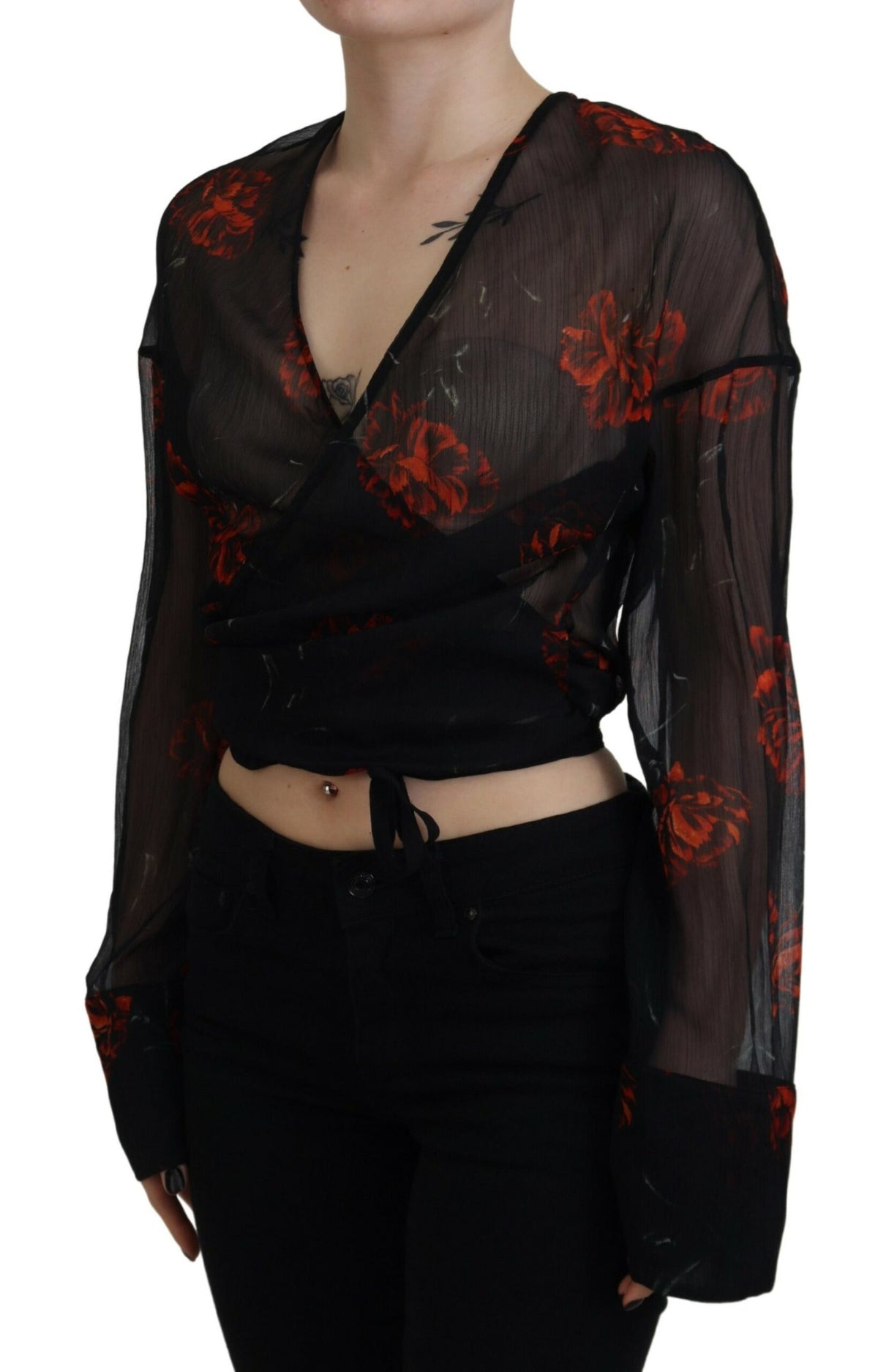 Dsquared² Black Floral Print Cropped Wrap Long Sleeves Women's Top (Pre-Owned)