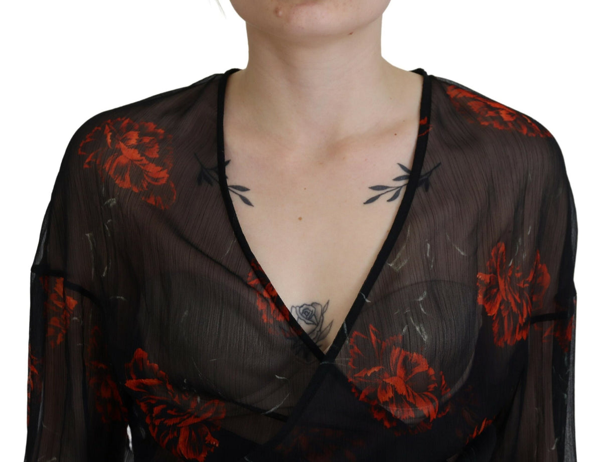 Dsquared² Black Floral Print Cropped Wrap Long Sleeves Women's Top (Pre-Owned)