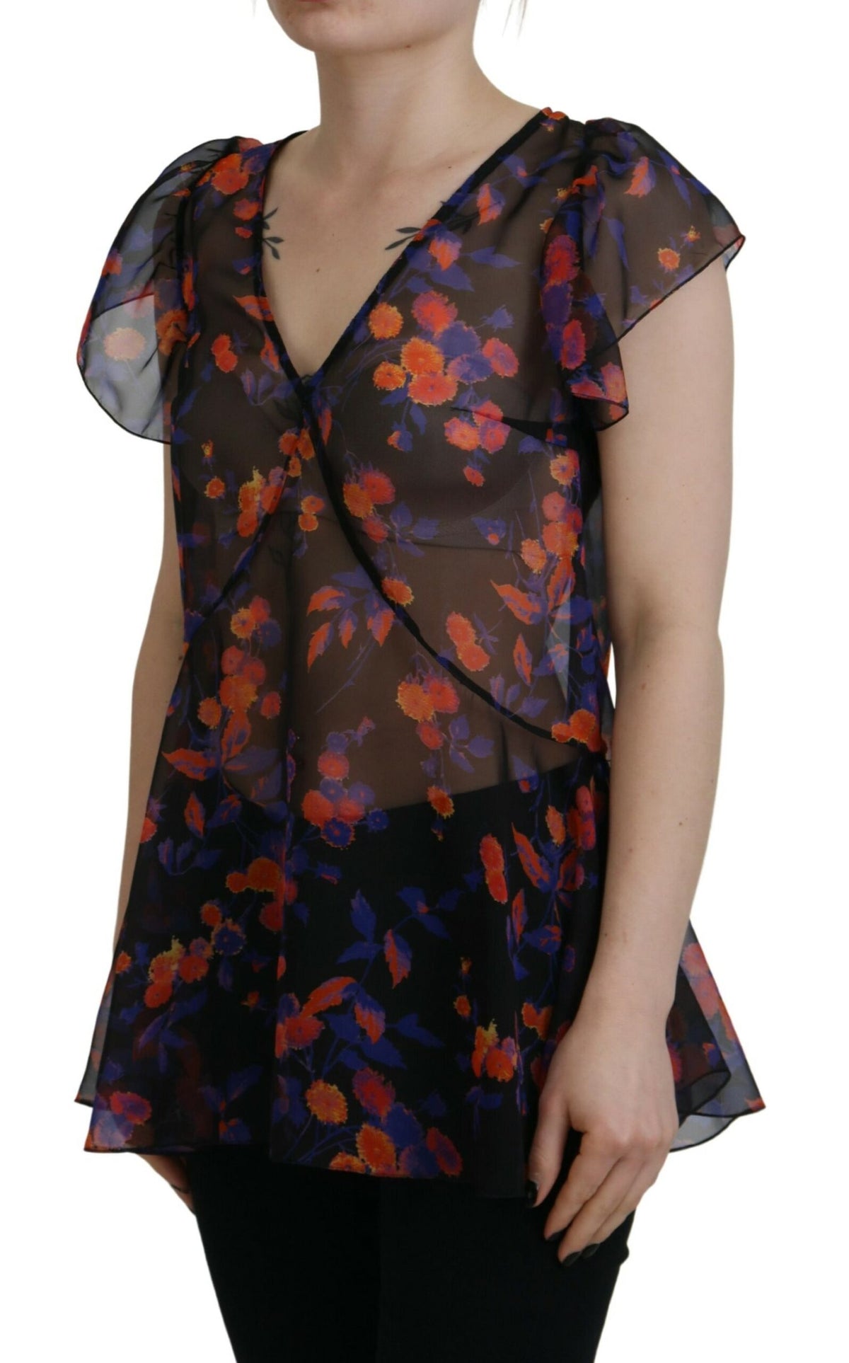 Dsquared² Black Floral Print Short Sleeves V-neck Blouse Women's Top (Pre-Owned)
