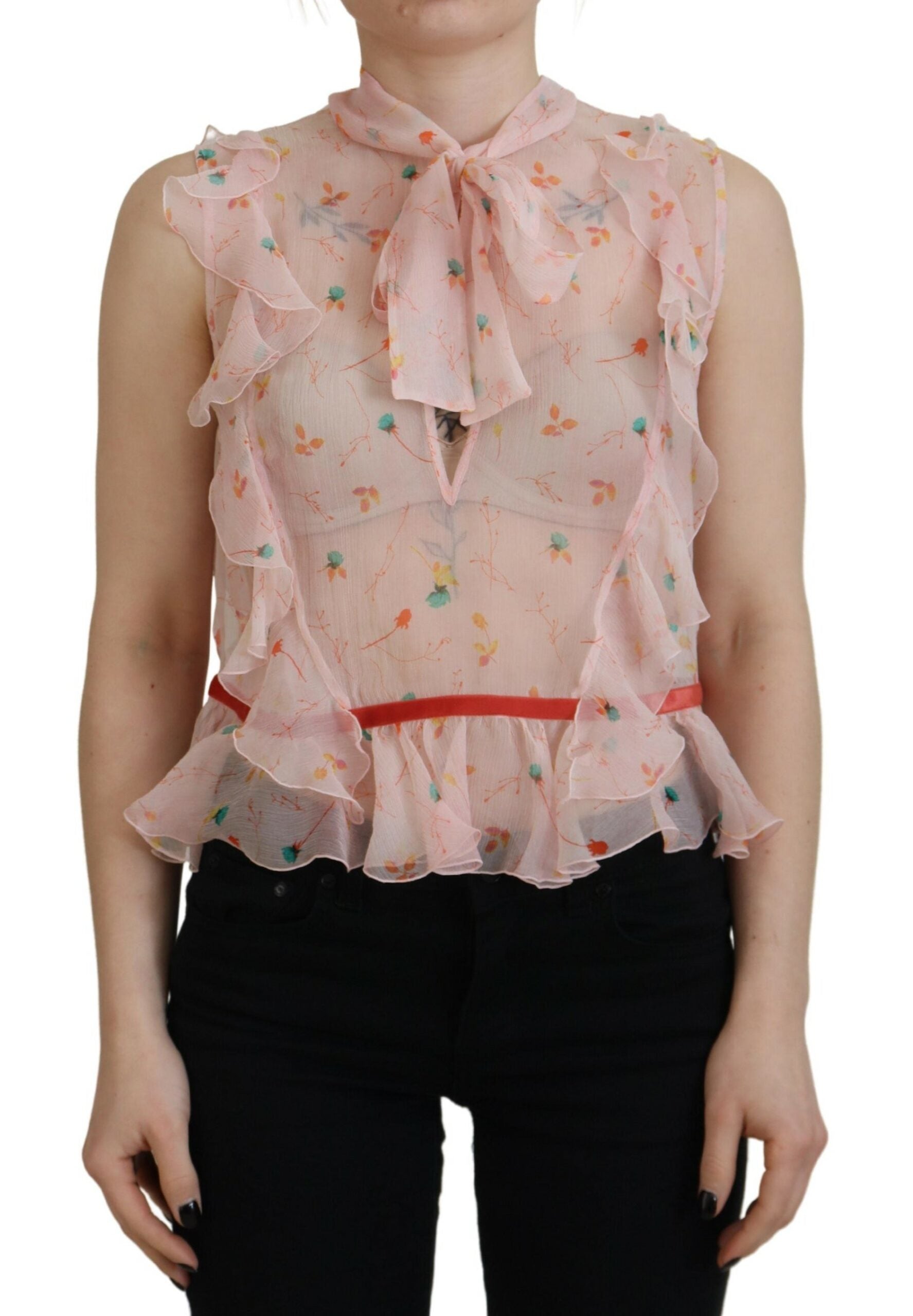 Dsquared² Pink Floral Print Silk Sleeveless Ascot Collar Women's Top (Pre-Owned)