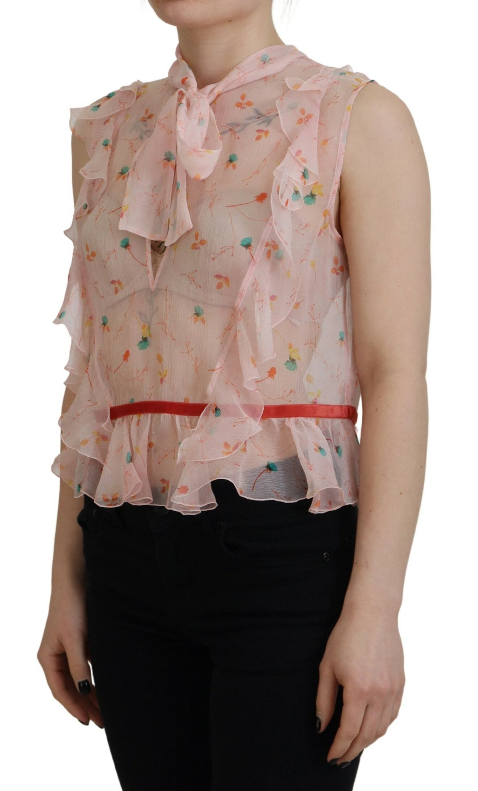 Dsquared² Pink Floral Print Silk Sleeveless Ascot Collar Women's Top (Pre-Owned)