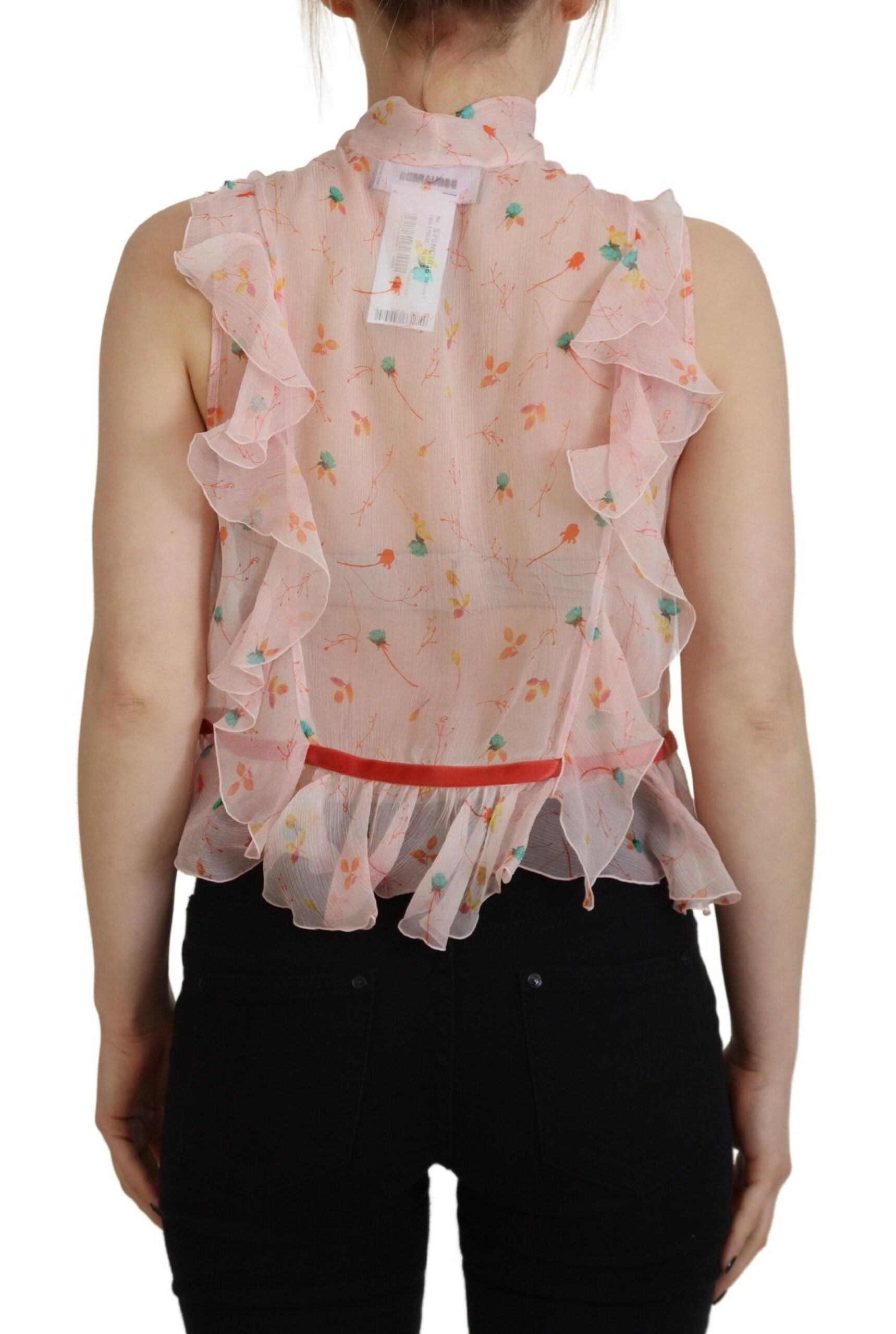 Dsquared² Pink Floral Print Silk Sleeveless Ascot Collar Women's Top (Pre-Owned)