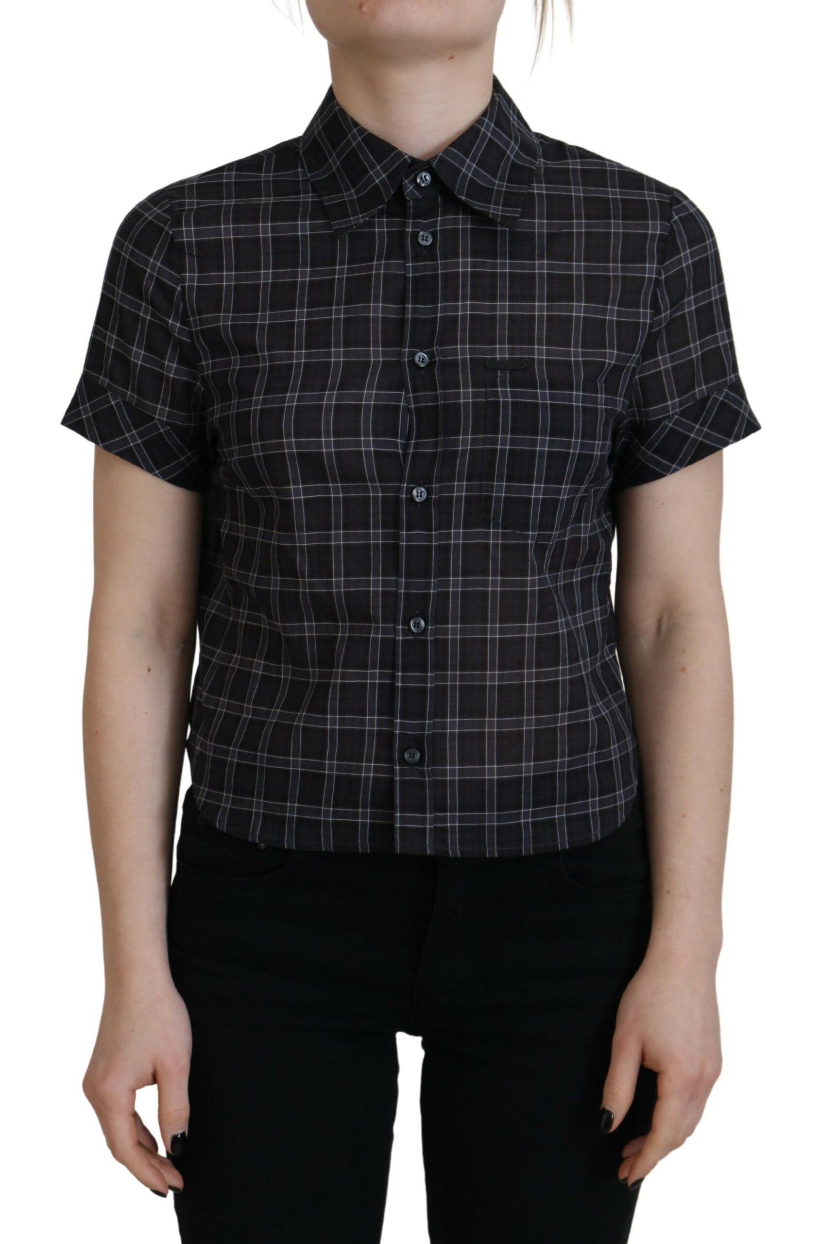 Dsquared² Black Checkered Collared Button Short Sleeves Women's Top (Pre-Owned)