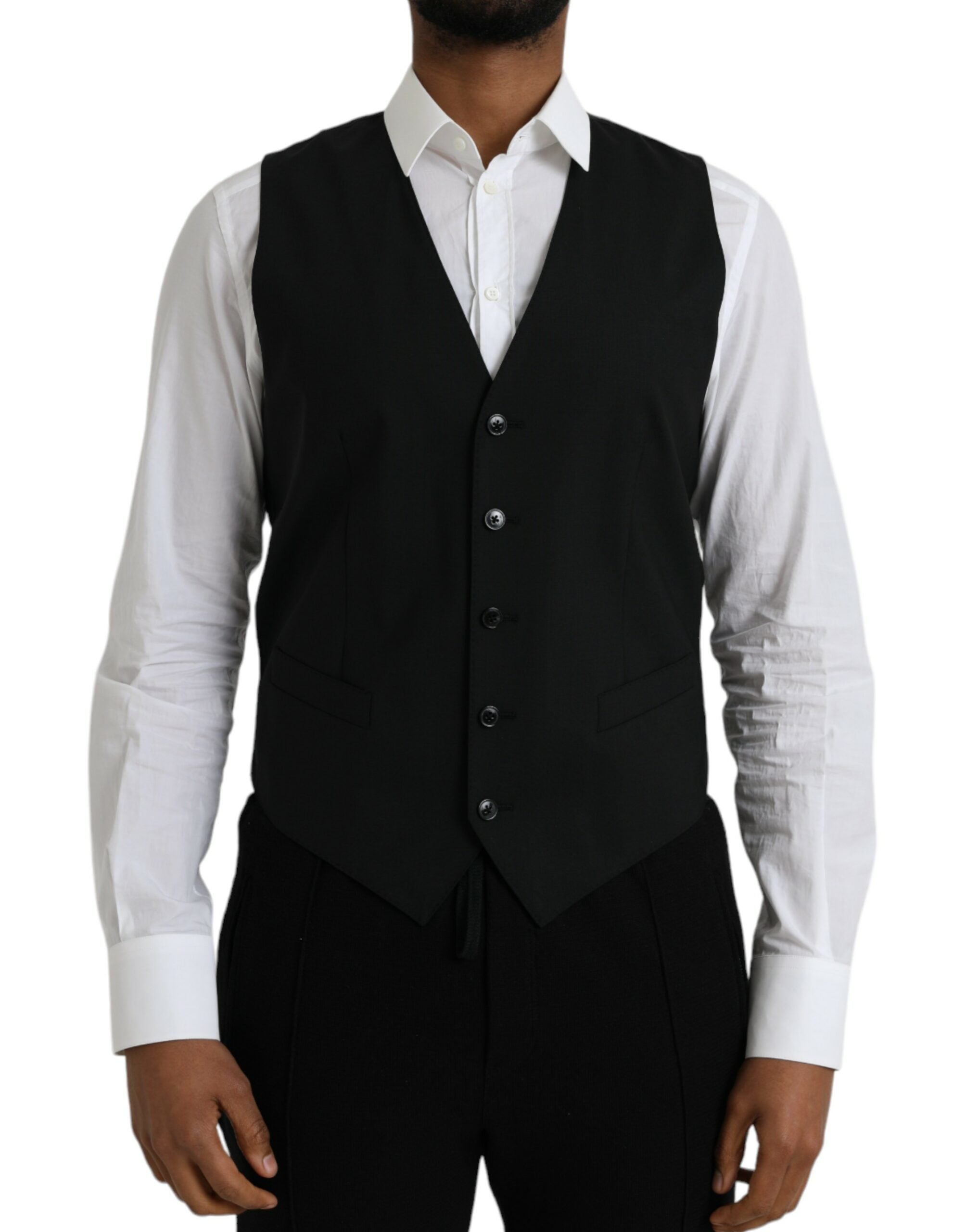 Dolce & Gabbana Black Wool Formal Dress Waistcoat Men's Vest