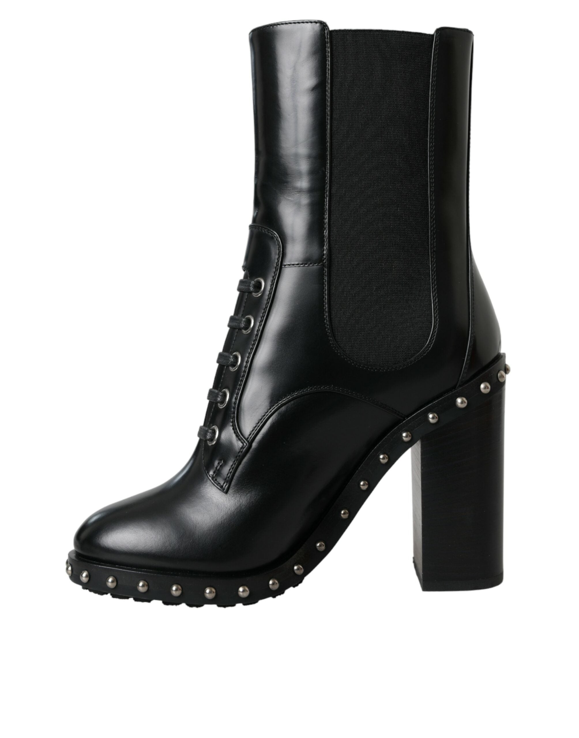 Dolce & Gabbana Black Leather Studded Lace Up Boots Women's Shoes