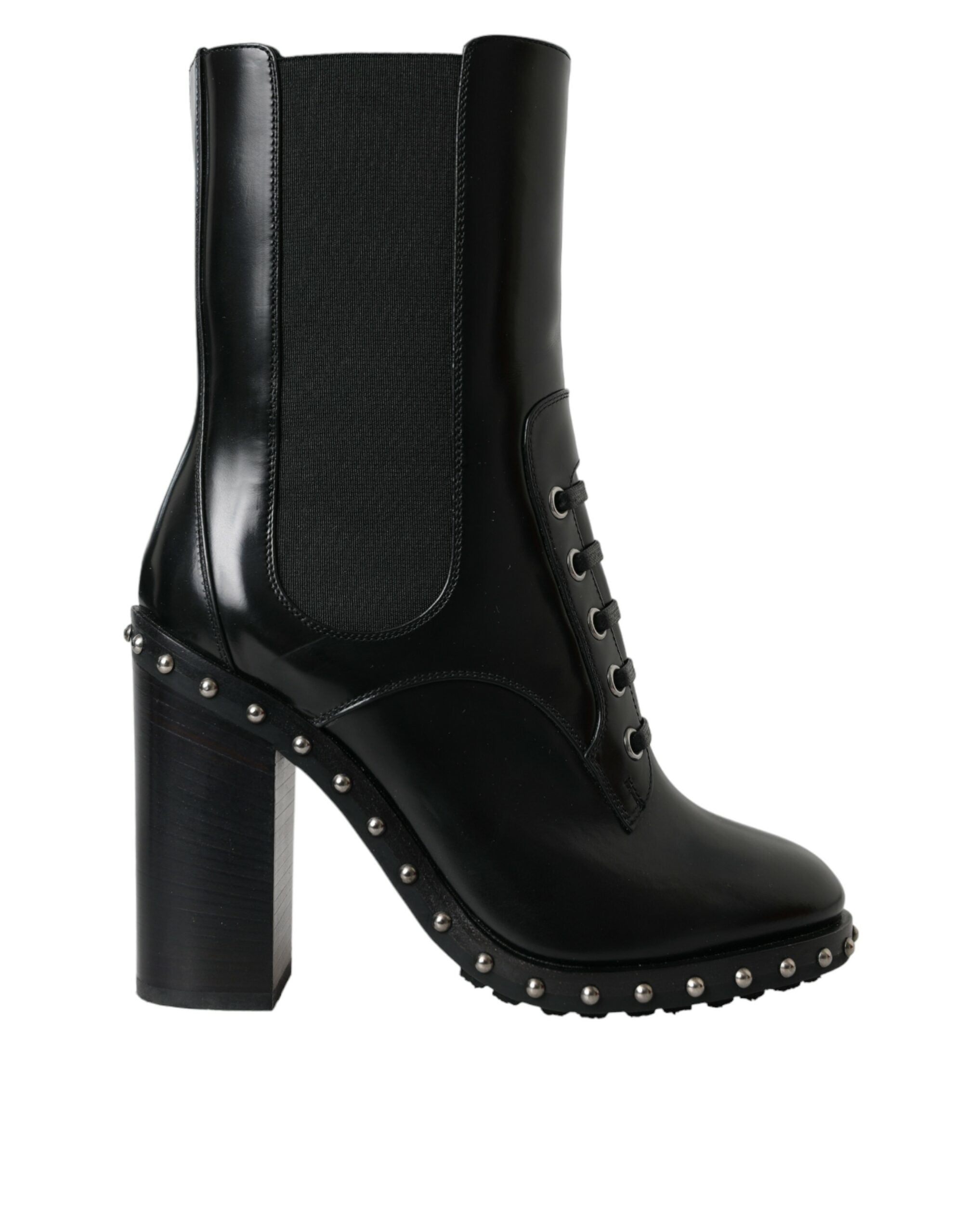 Dolce & Gabbana Black Leather Studded Lace Up Boots Women's Shoes