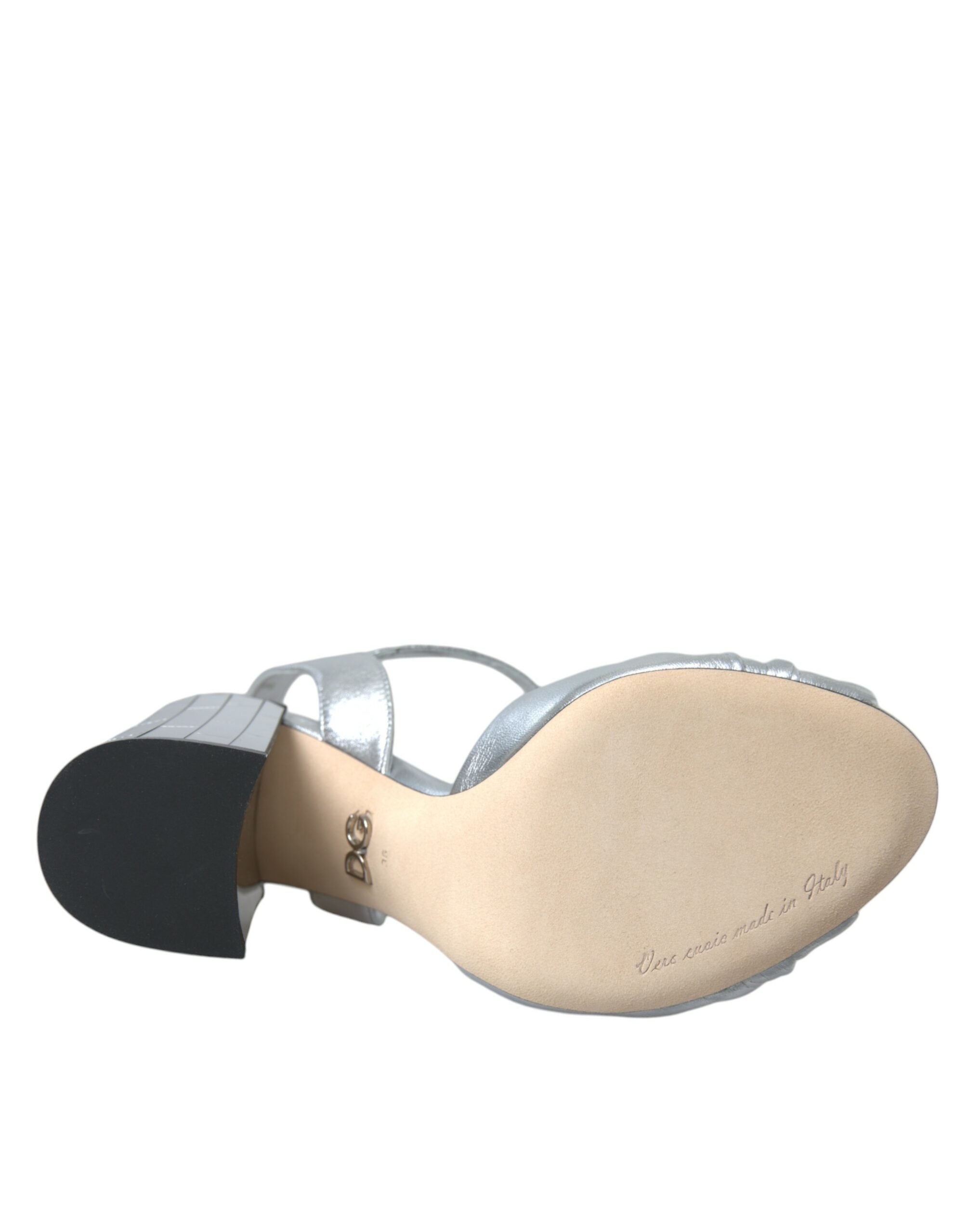 Dolce & Gabbana Silver Lambskin Leather Heels Sandals Women's Shoes