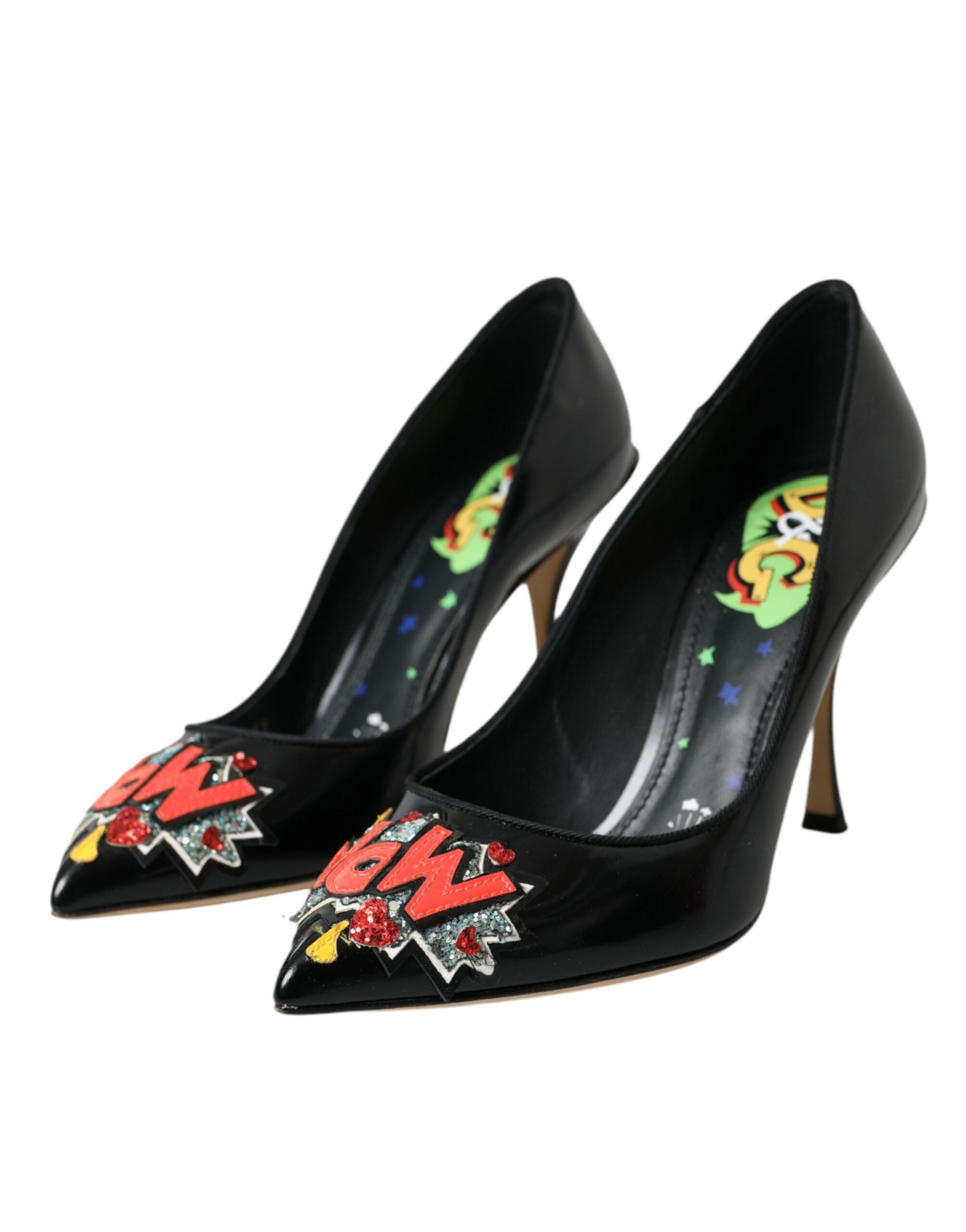 Dolce & Gabbana Black Leather WOW Patch Heels Pumps Women's Shoes