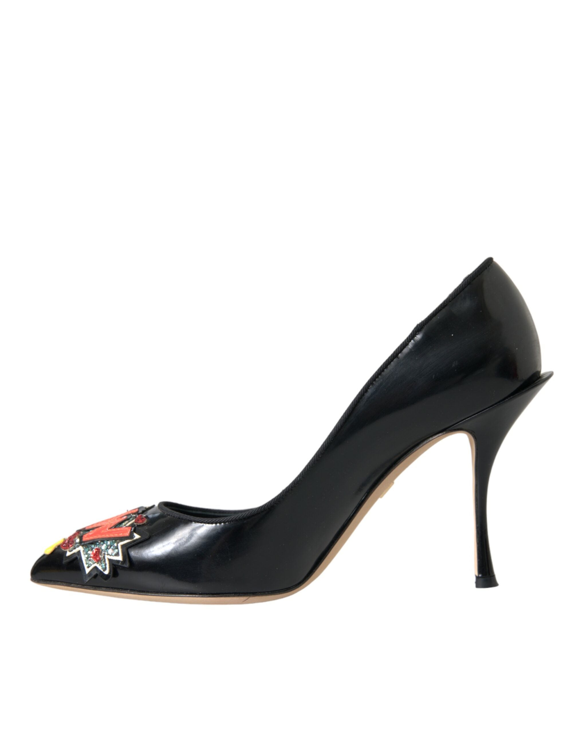 Dolce & Gabbana Black Leather WOW Patch Heels Pumps Women's Shoes
