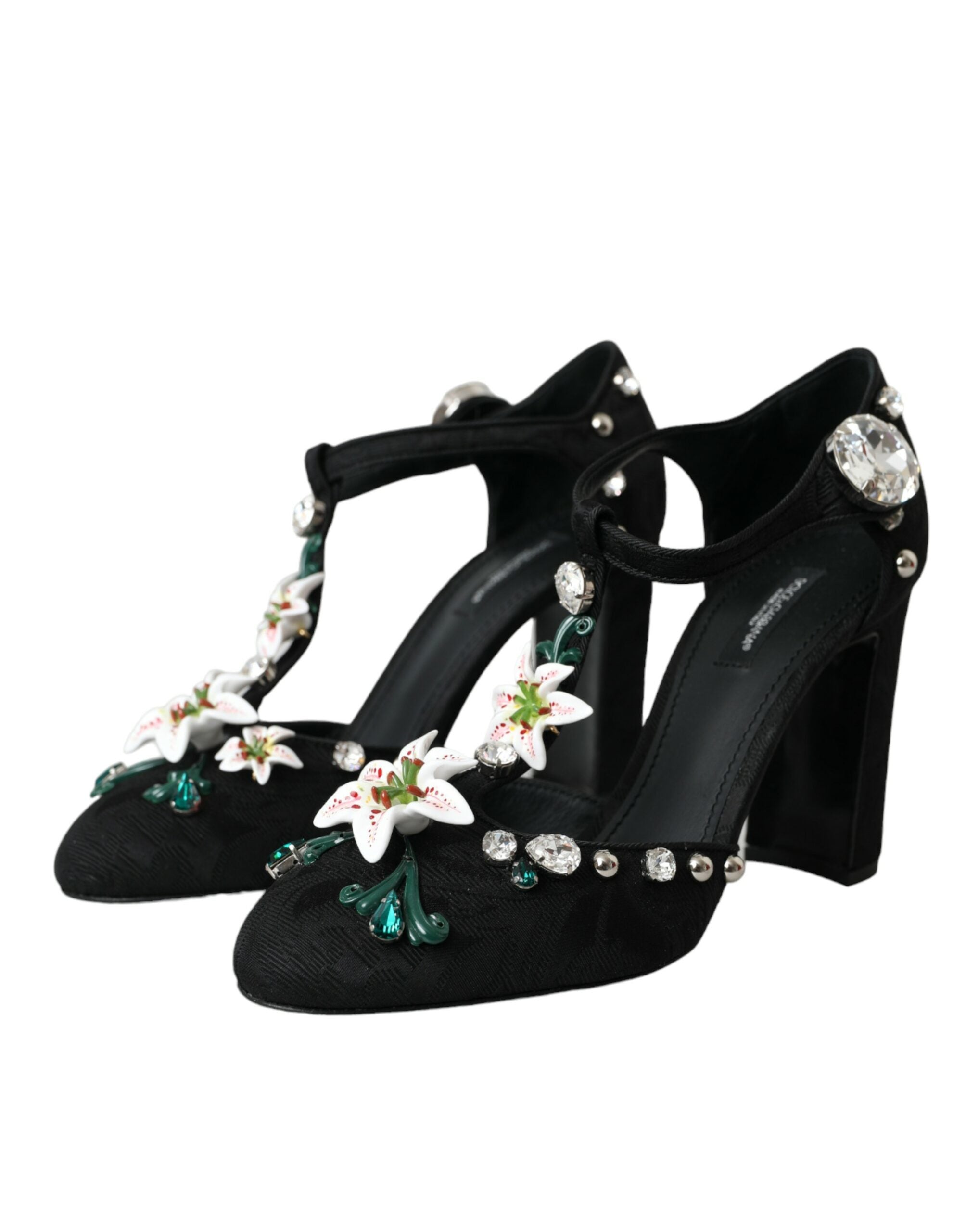 Dolce & Gabbana Black Lilies Crystal Heels Pumps Women's Shoes