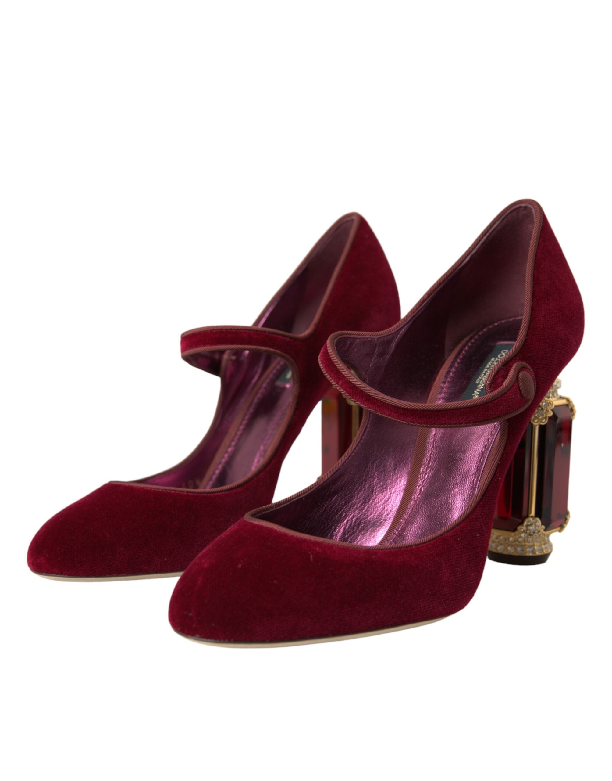 Dolce & Gabbana Red Velvet Gold Crystals Heels Mary Jane Women's Shoes
