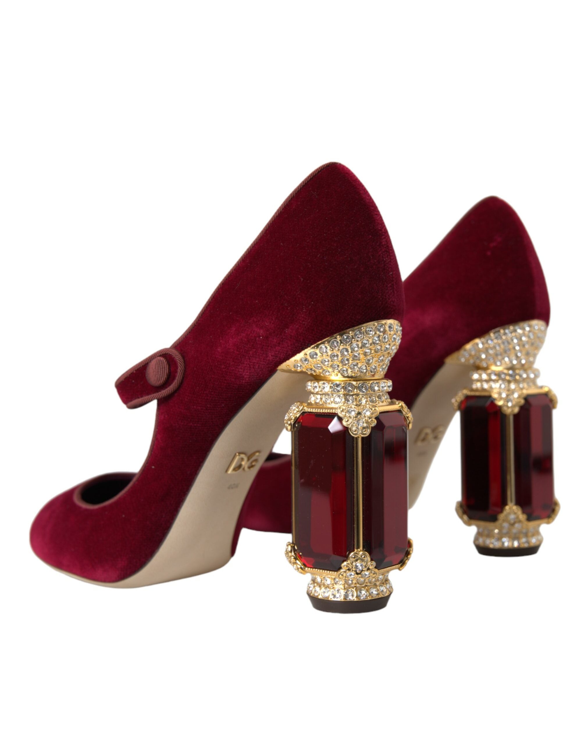 Dolce & Gabbana Red Velvet Gold Crystals Heels Mary Jane Women's Shoes