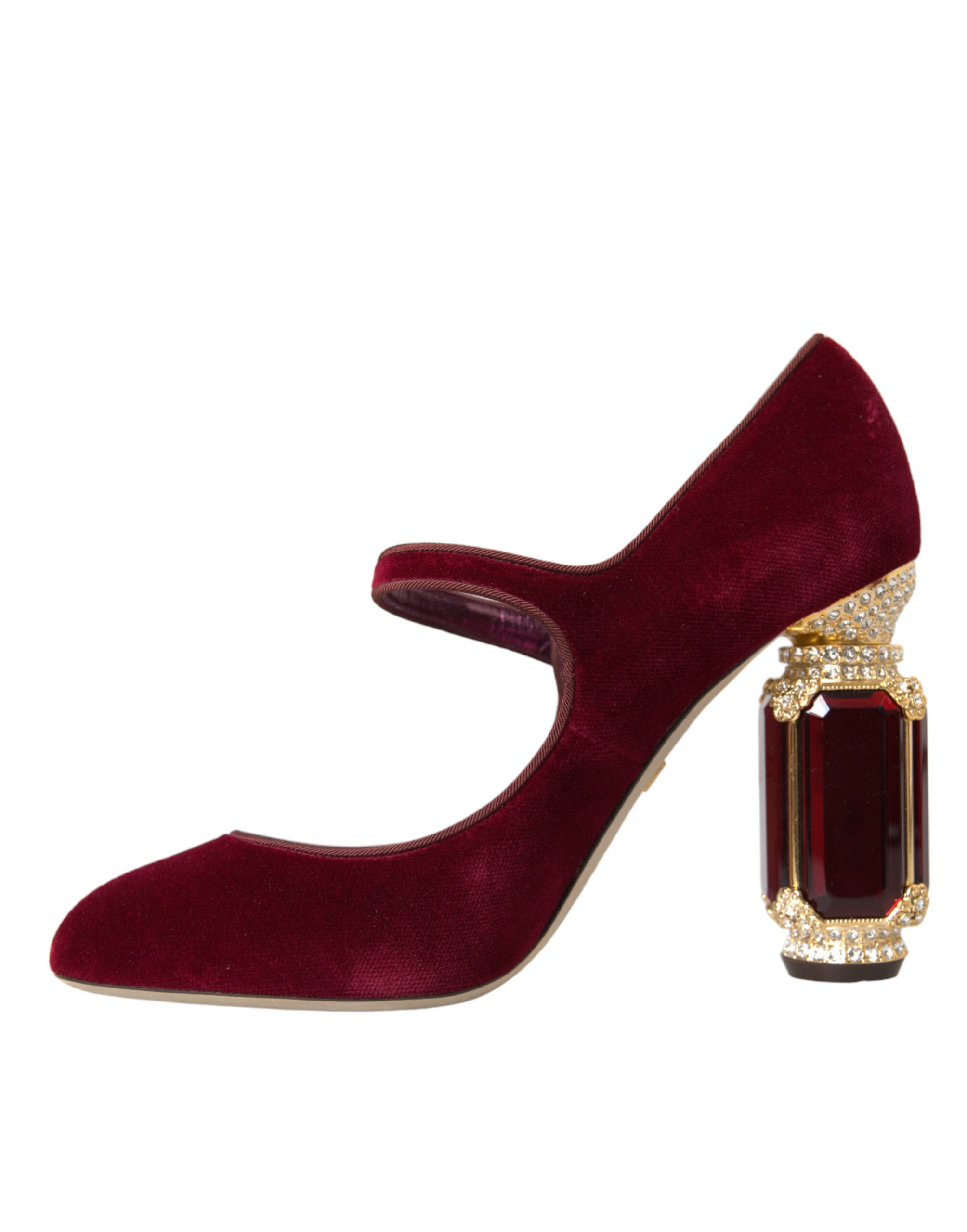 Dolce & Gabbana Red Velvet Gold Crystals Heels Mary Jane Women's Shoes