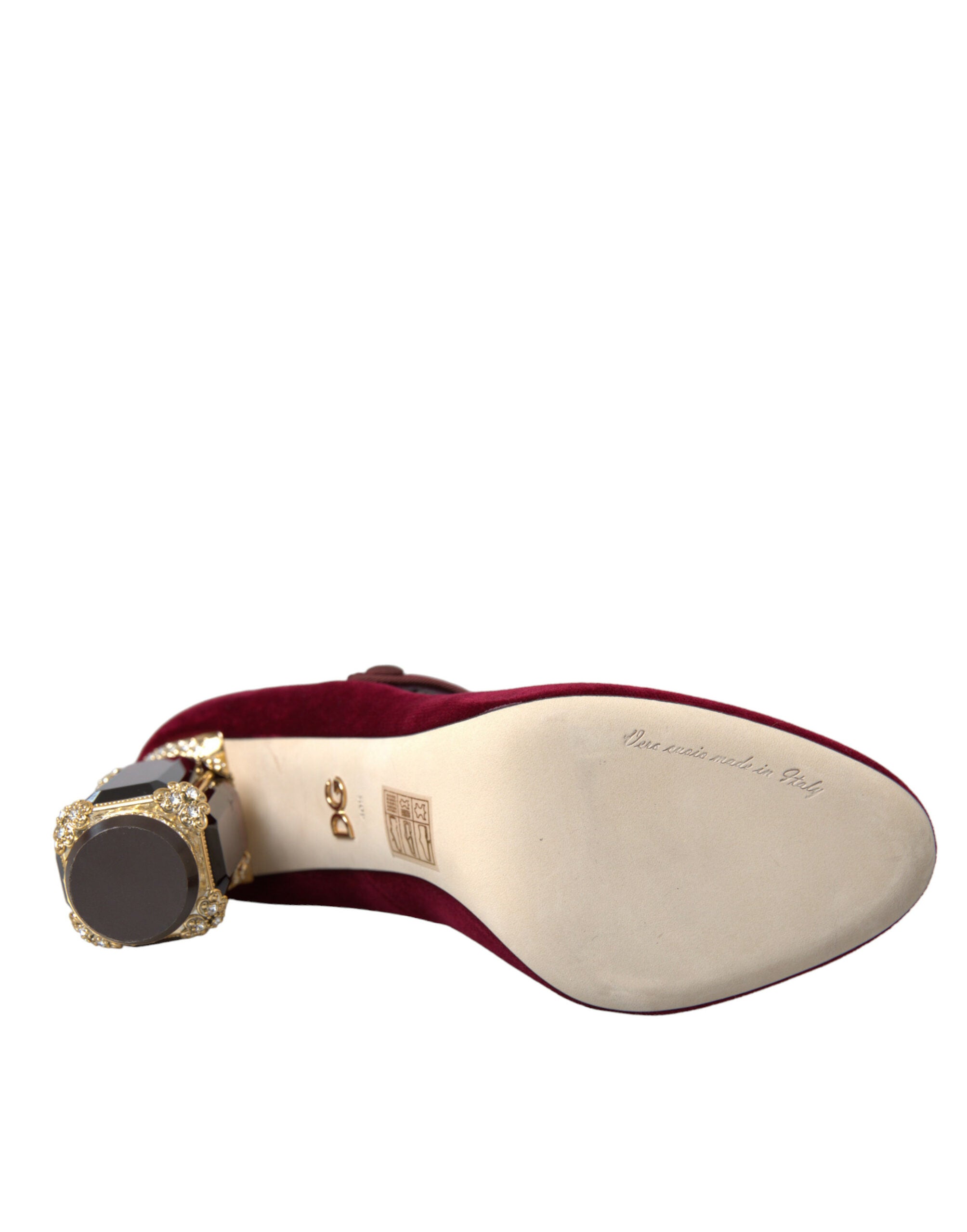 Dolce & Gabbana Red Velvet Gold Crystals Heels Mary Jane Women's Shoes