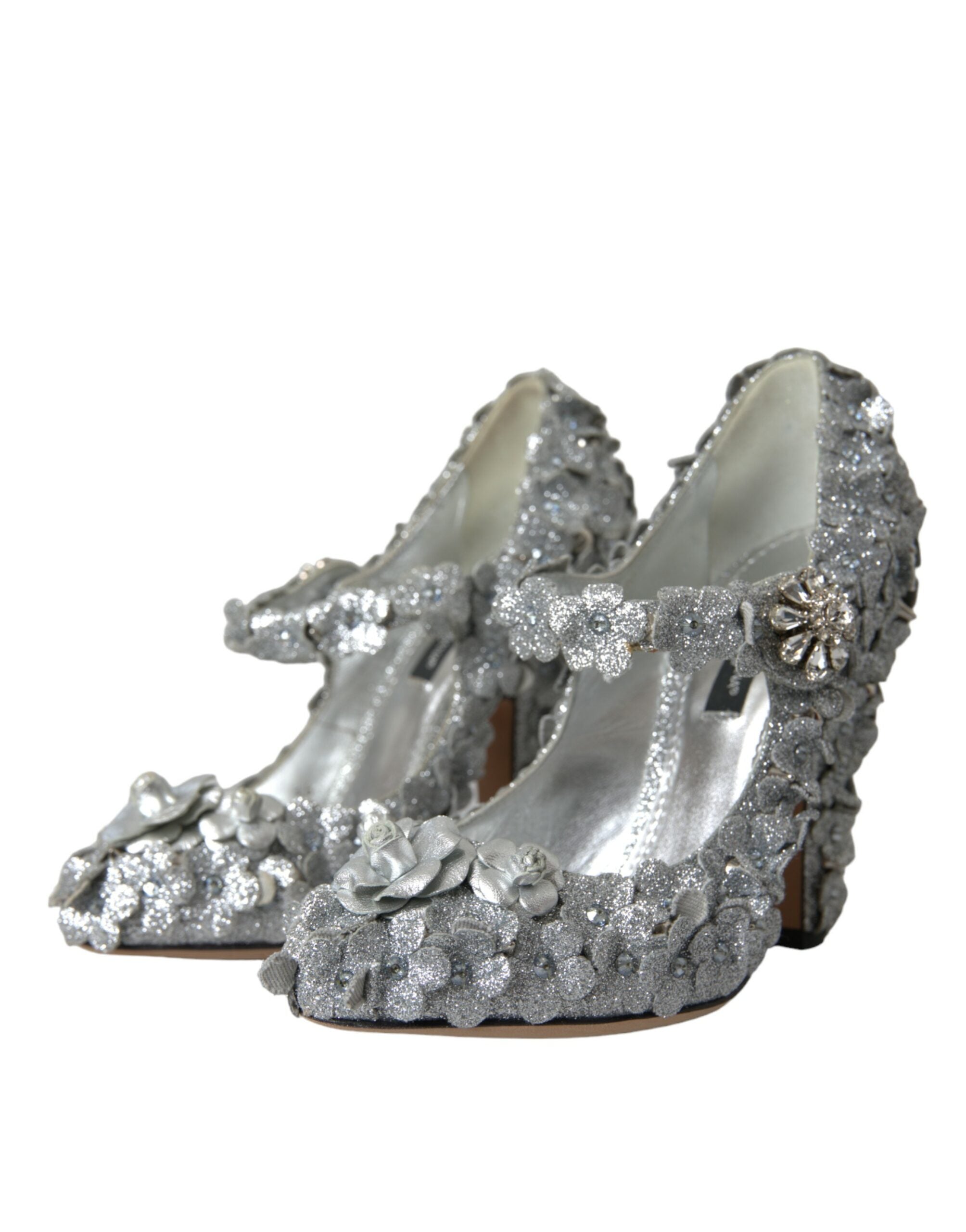Dolce & Gabbana Silver Floral Crystal Mary Jane Pumps Women's Shoes