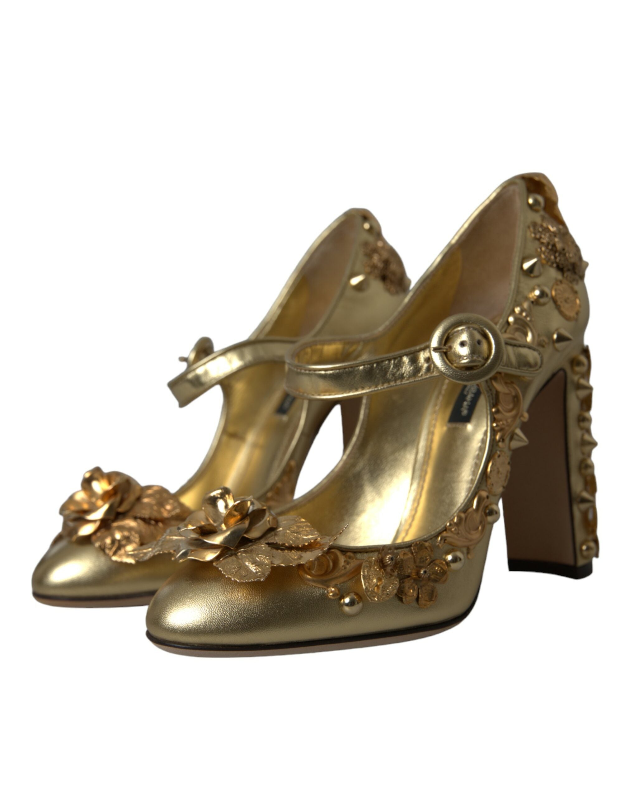 Dolce & Gabbana Gold Leather Crystal Mary Janes Pumps Women's Shoes