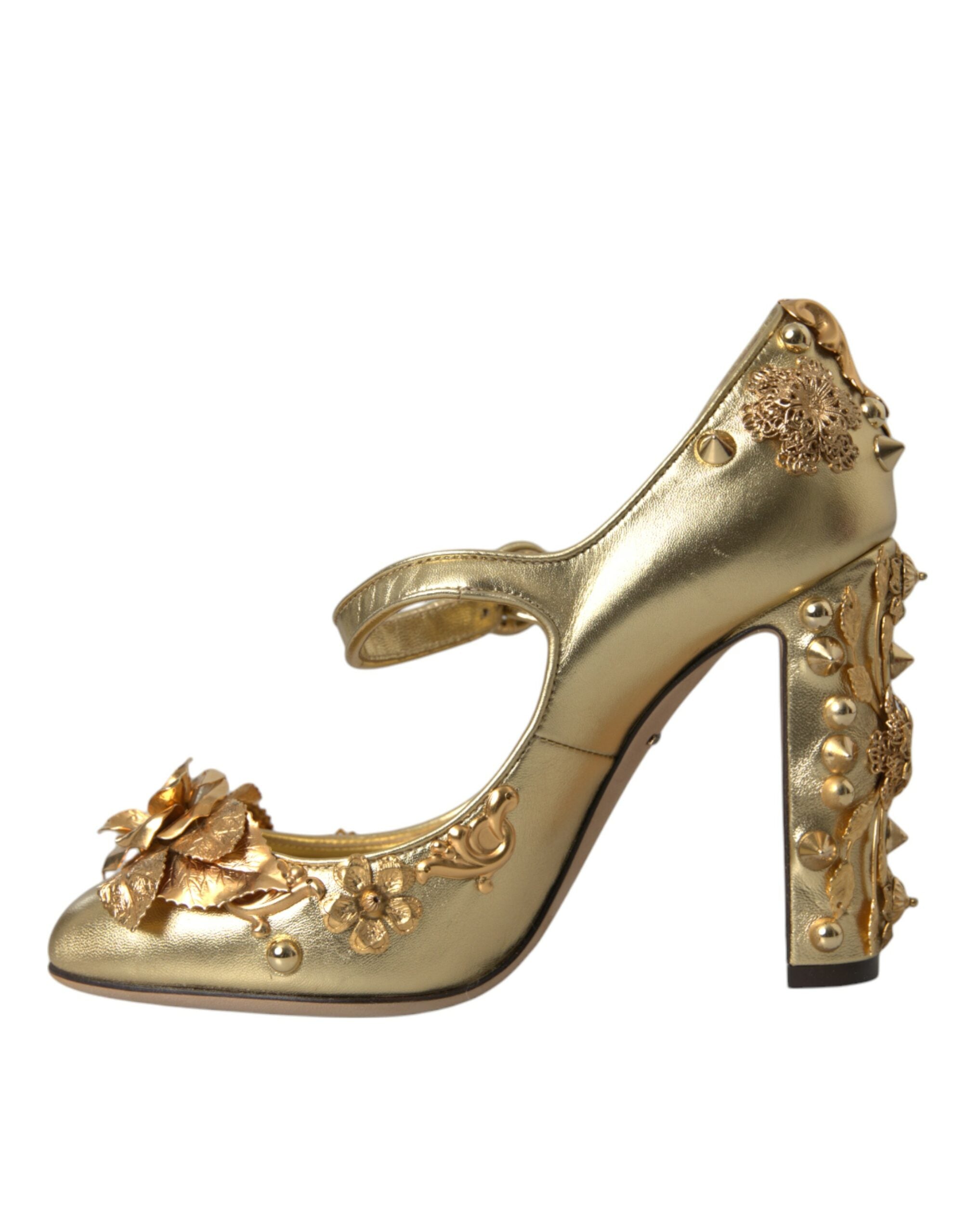 Dolce & Gabbana Gold Leather Crystal Mary Janes Pumps Women's Shoes
