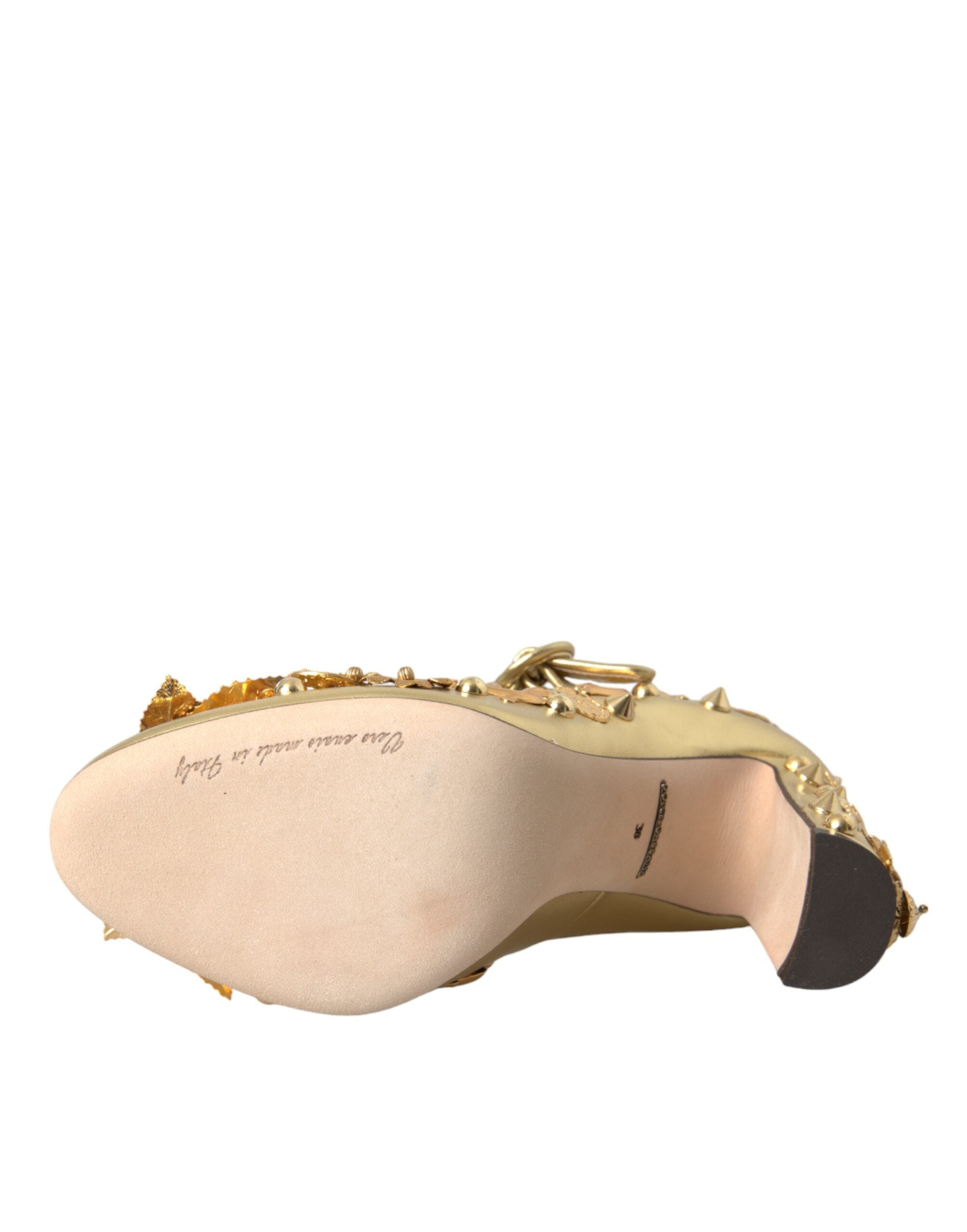 Dolce & Gabbana Gold Leather Crystal Mary Janes Pumps Women's Shoes