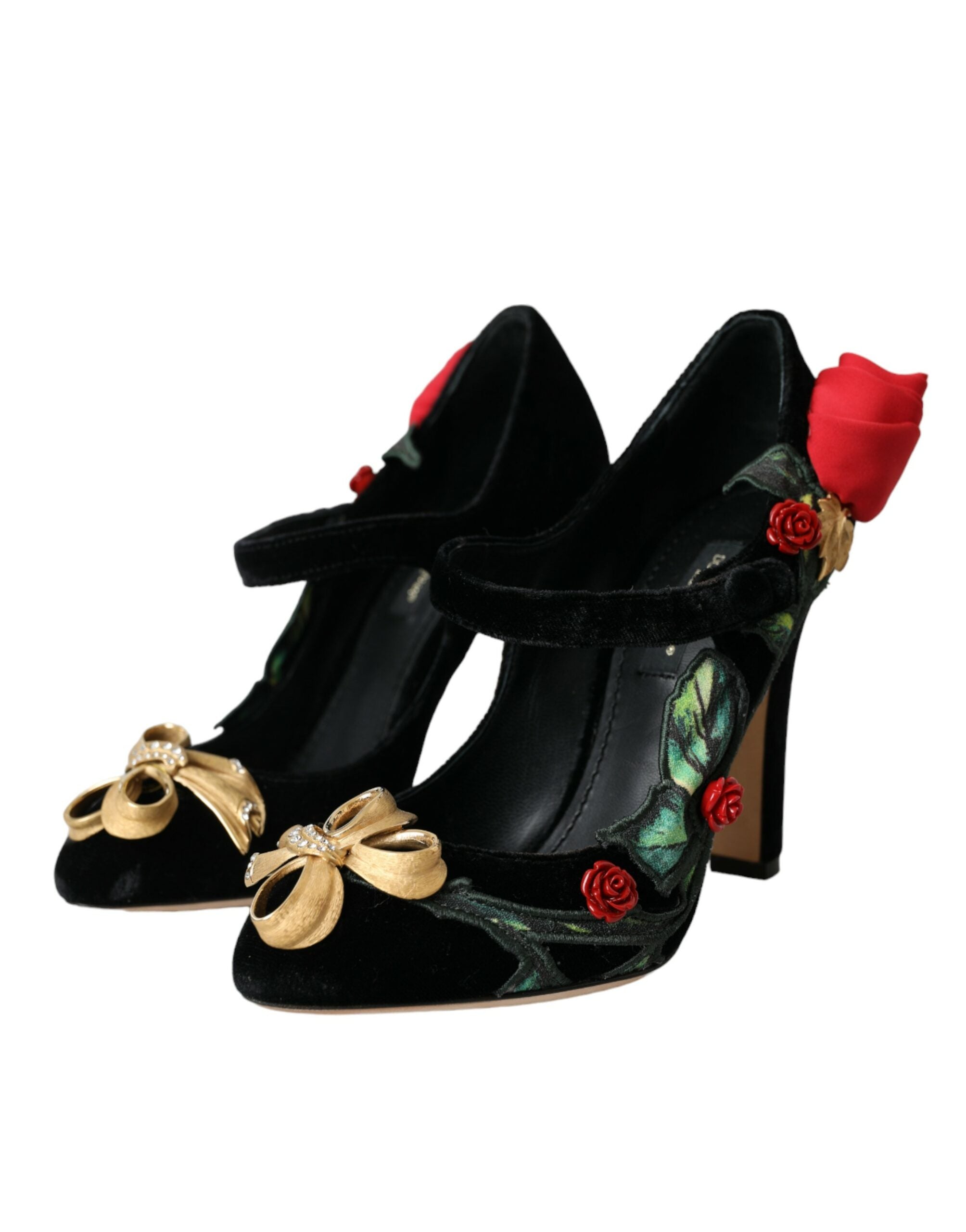 Dolce & Gabbana Black Roses Crystal Brooch Mary Jane Women's Shoes