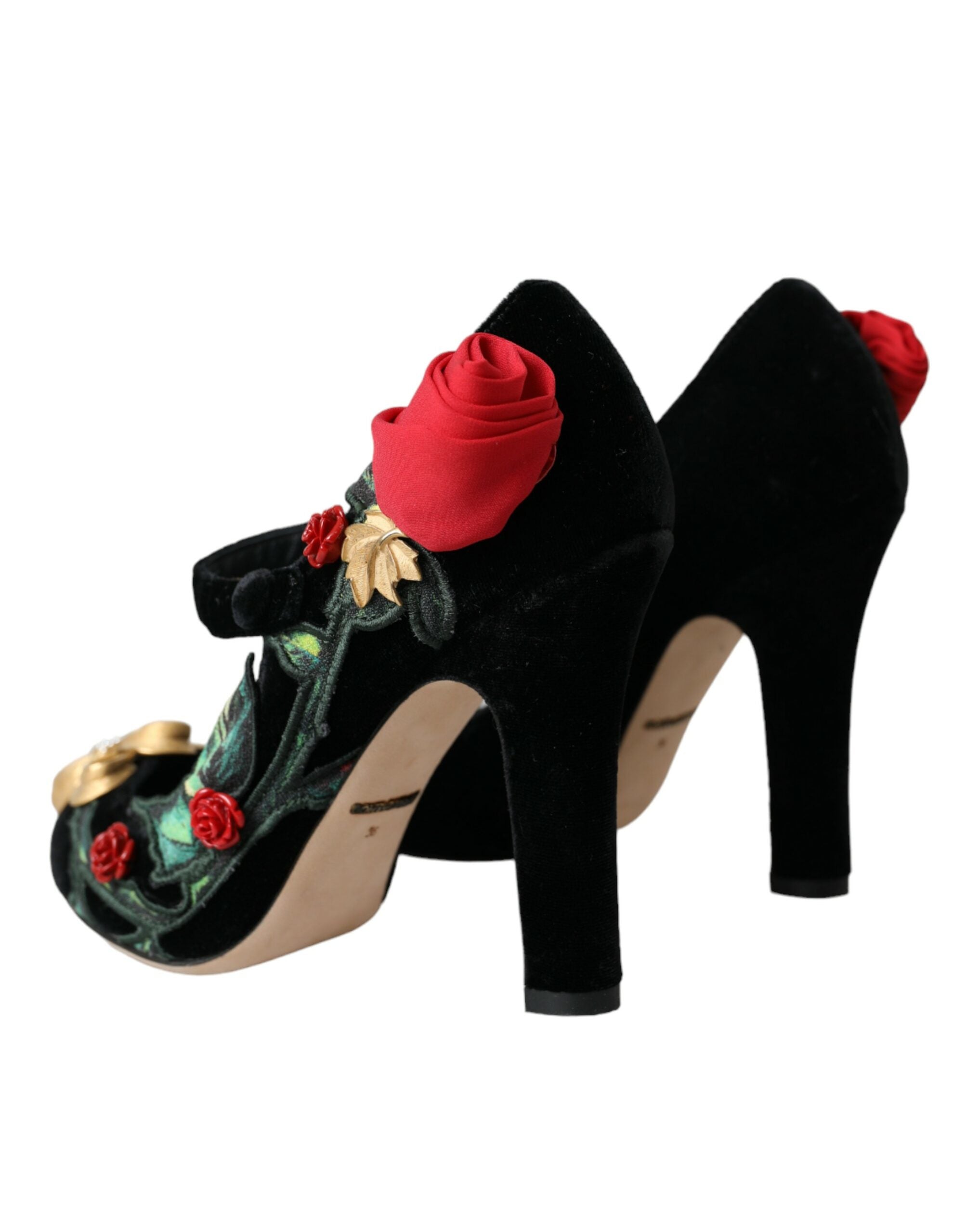 Dolce & Gabbana Black Roses Crystal Brooch Mary Jane Women's Shoes
