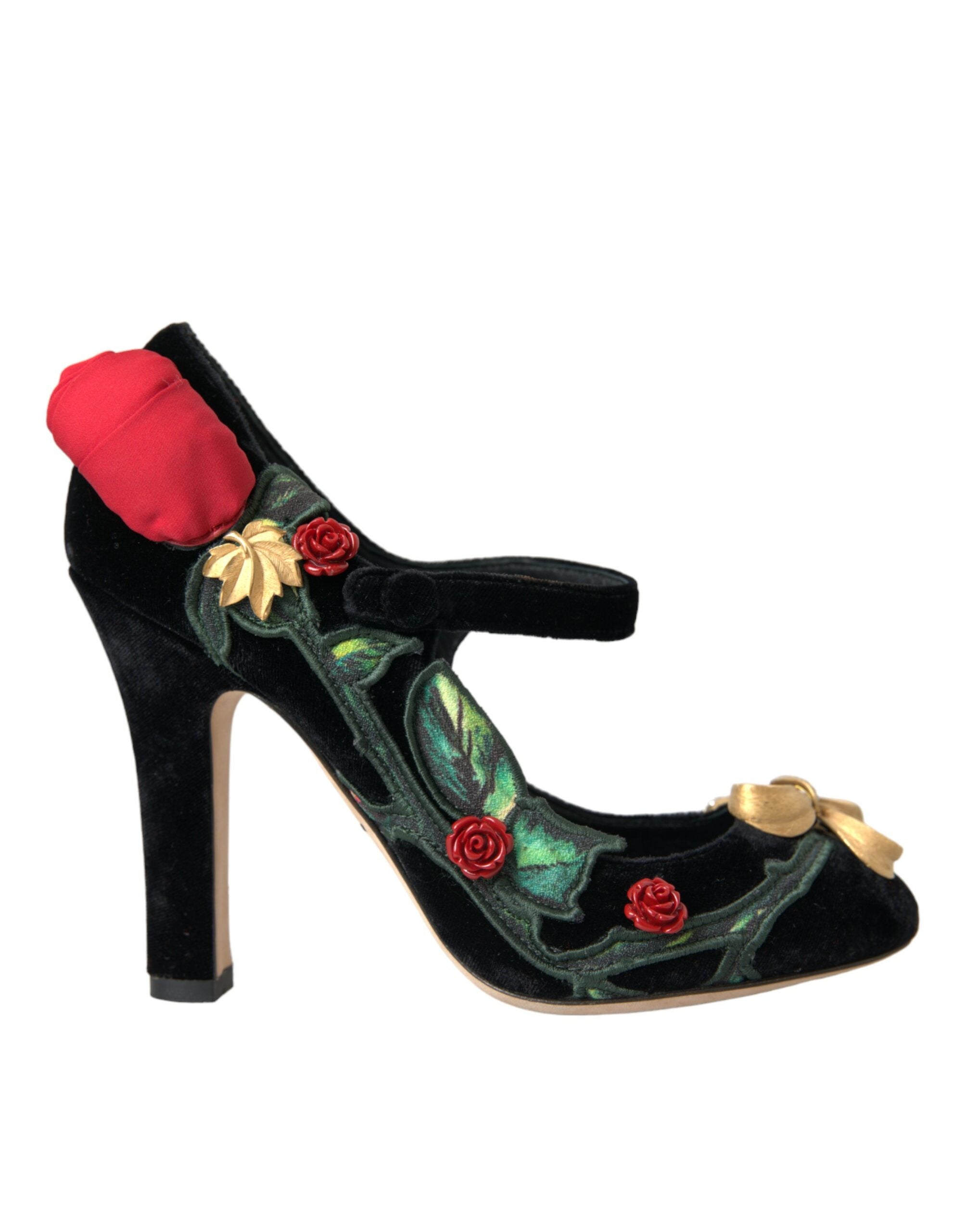 Dolce & Gabbana Black Roses Crystal Brooch Mary Jane Women's Shoes