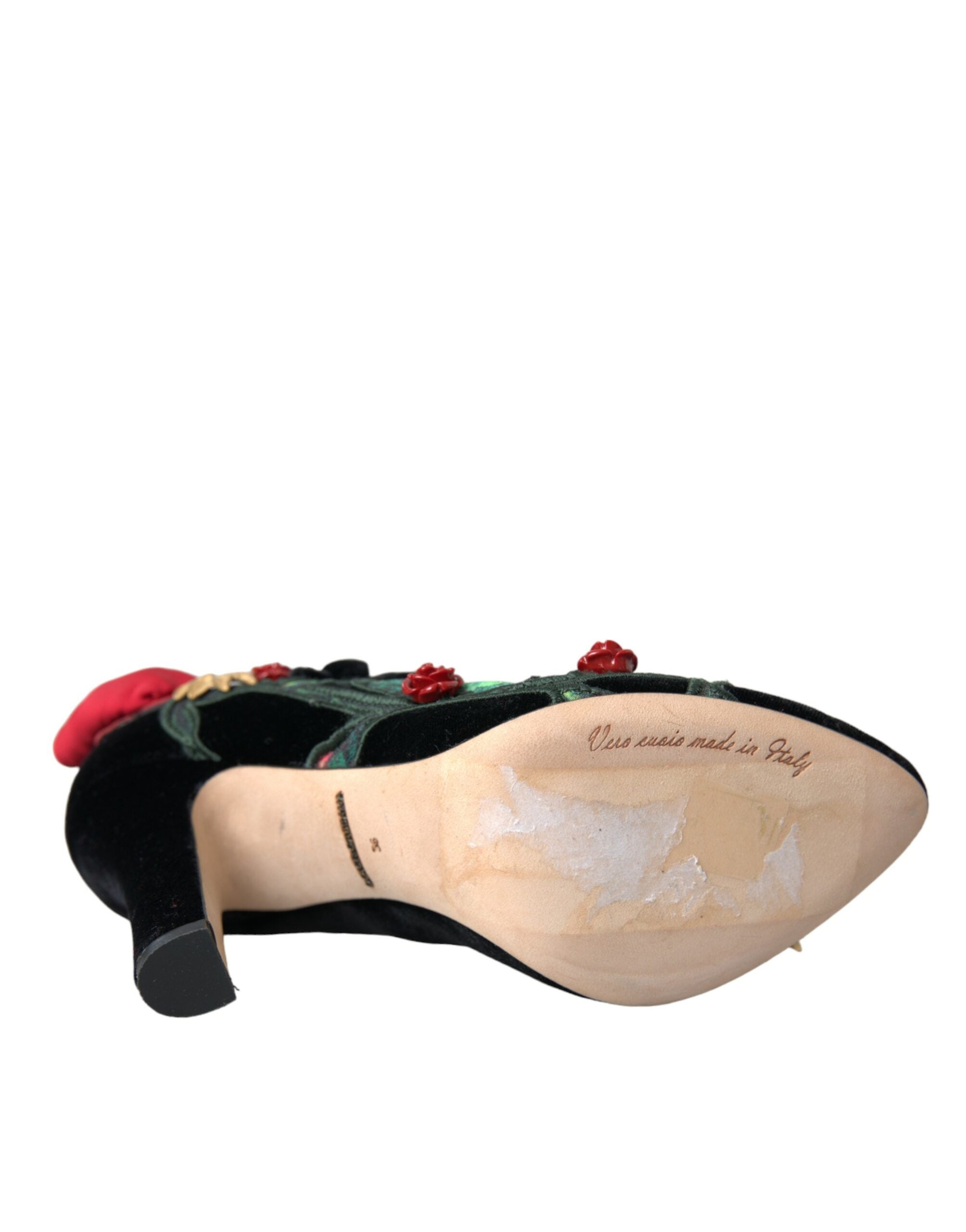 Dolce & Gabbana Black Roses Crystal Brooch Mary Jane Women's Shoes