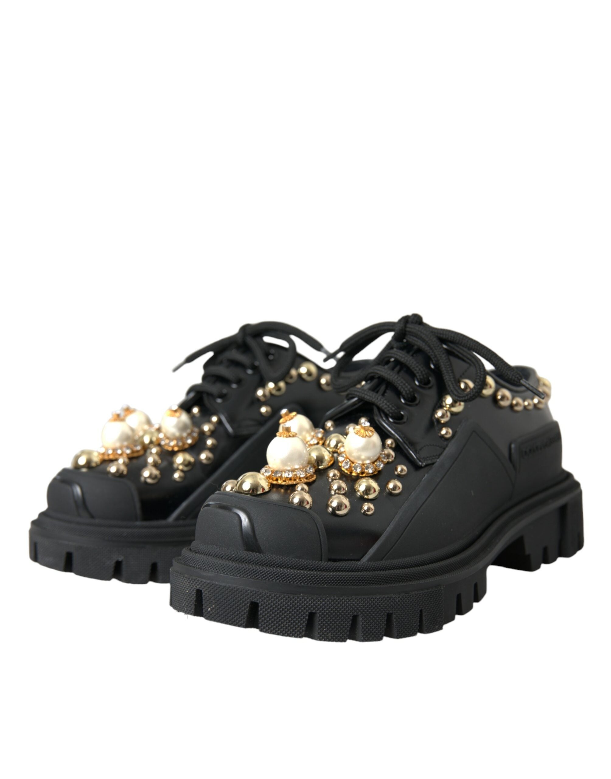 Dolce & Gabbana Black Leather Trekking Derby Embellished Women's Shoes