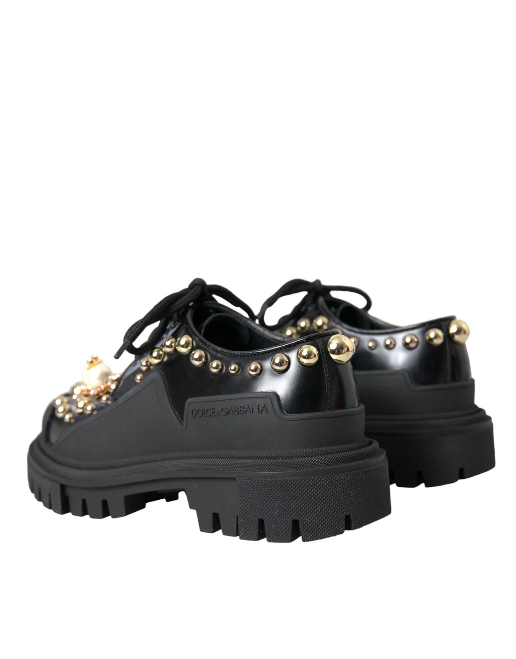 Dolce & Gabbana Black Leather Trekking Derby Embellished Women's Shoes