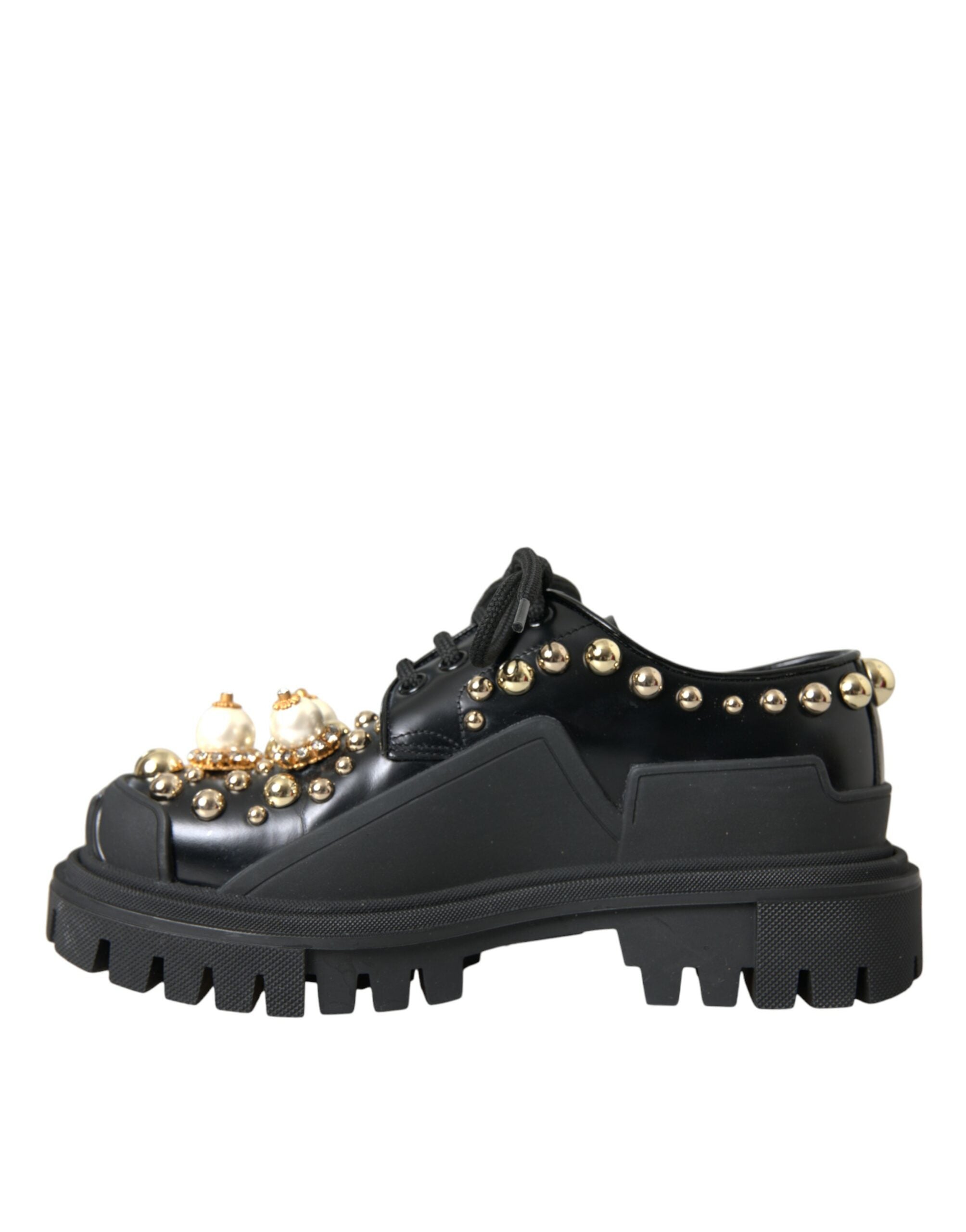Dolce & Gabbana Black Leather Trekking Derby Embellished Women's Shoes