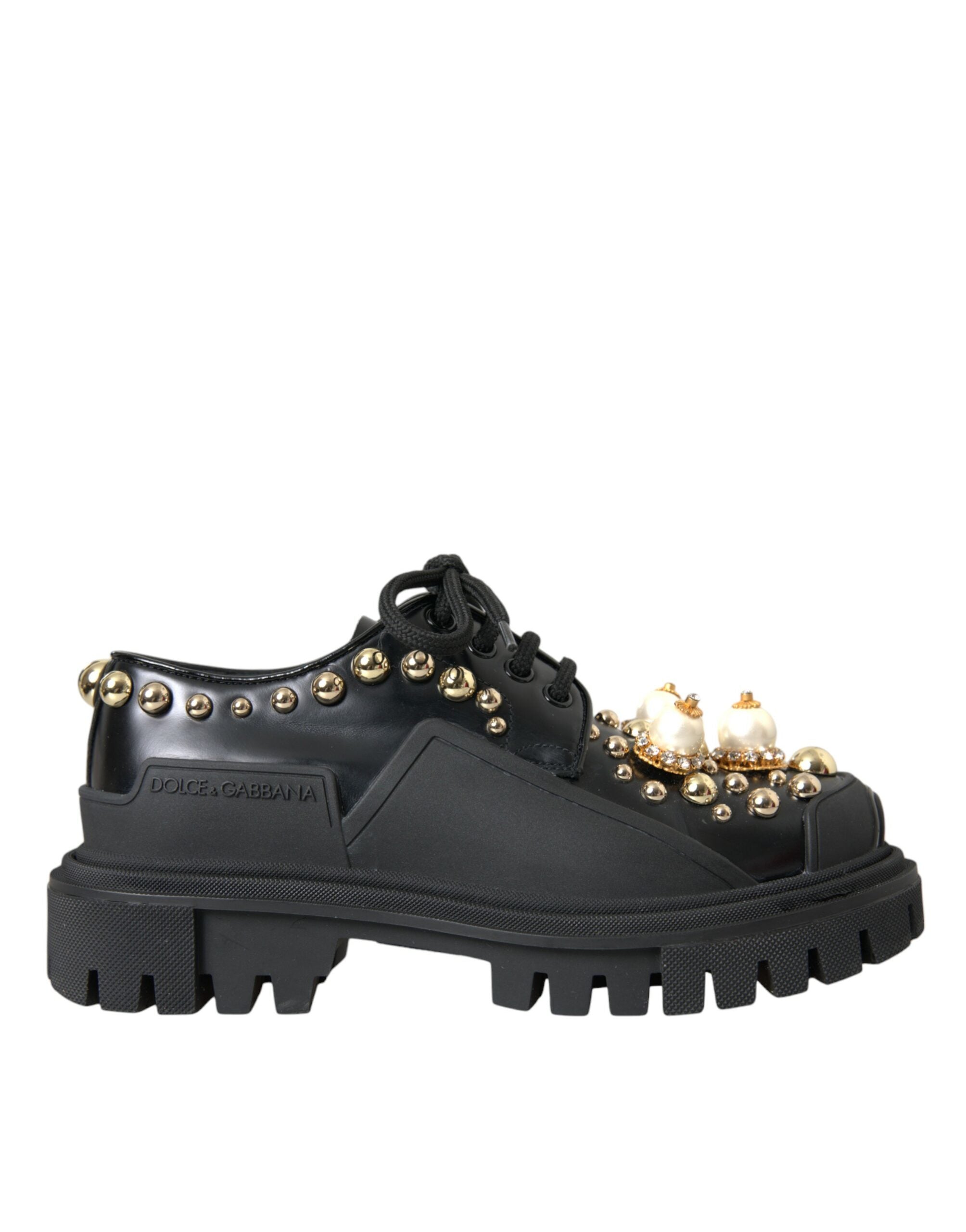 Dolce & Gabbana Black Leather Trekking Derby Embellished Women's Shoes (Pre-Owned)