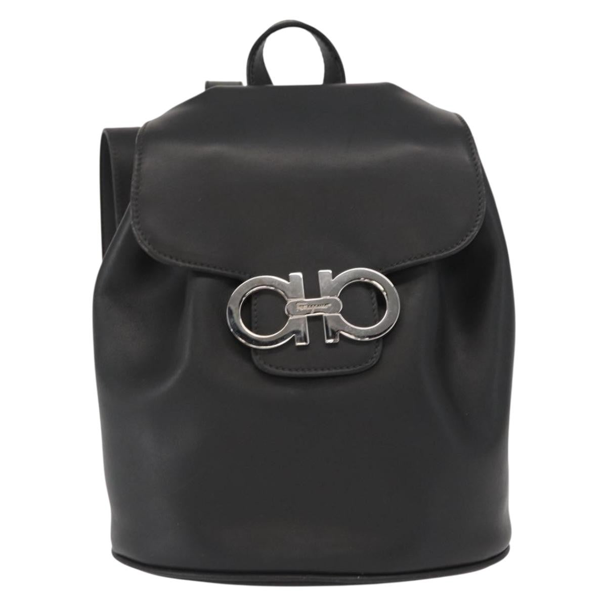 Salvatore Ferragamo Gancini Flap Drawstring Leather Black Leather Backpack Bag (Pre-Owned)