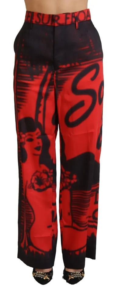 Dsquared² Red Printed High Waist Straight Women's Pants (Pre-Owned)