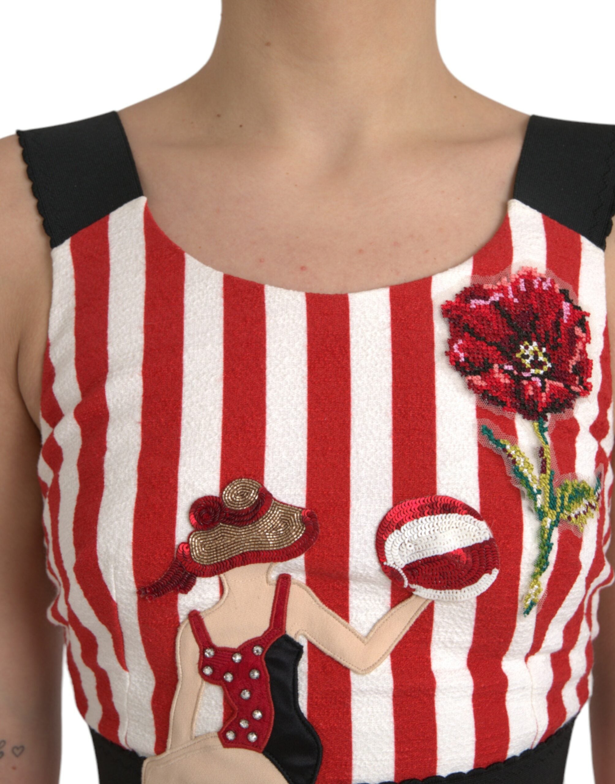 Dolce & Gabbana Red White Floral Sleeveless Sheath Midi Women's Dress
