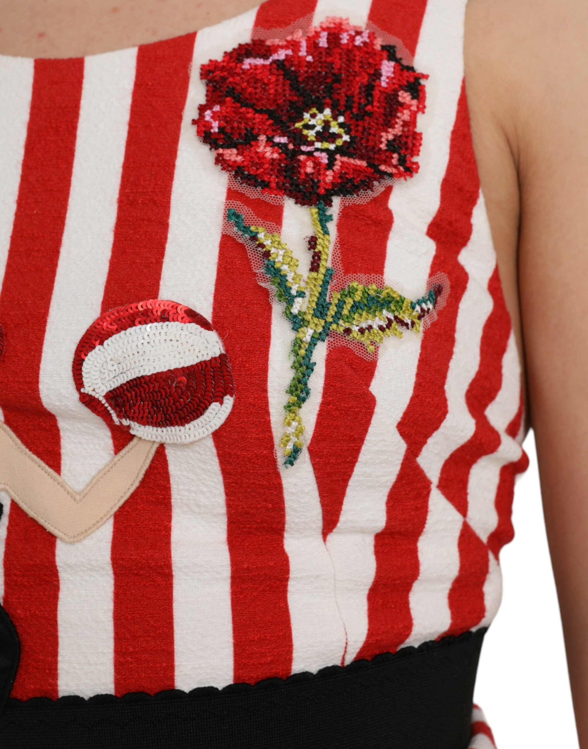 Dolce & Gabbana Red White Floral Sleeveless Sheath Midi Women's Dress