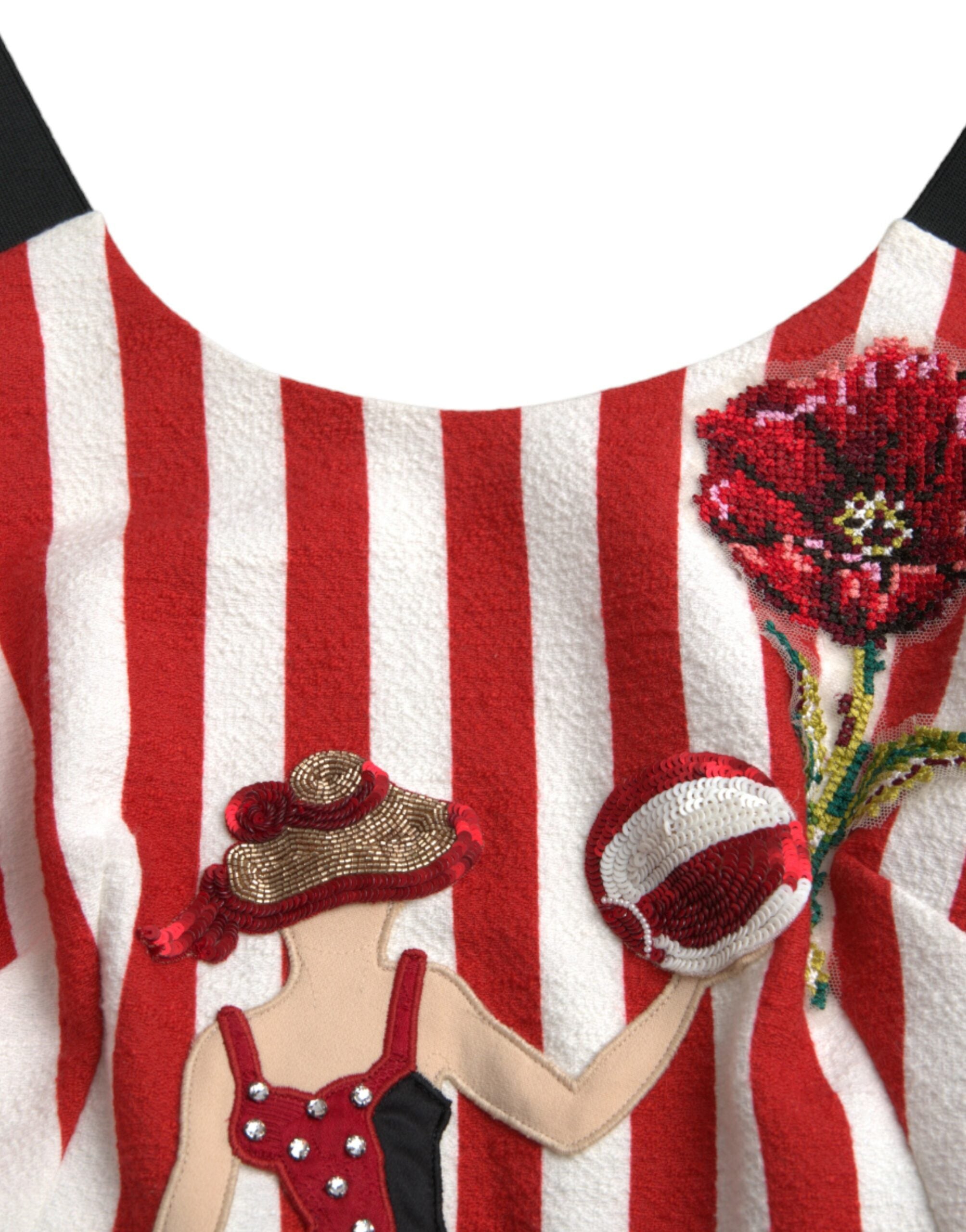 Dolce & Gabbana Red White Floral Sleeveless Sheath Midi Women's Dress