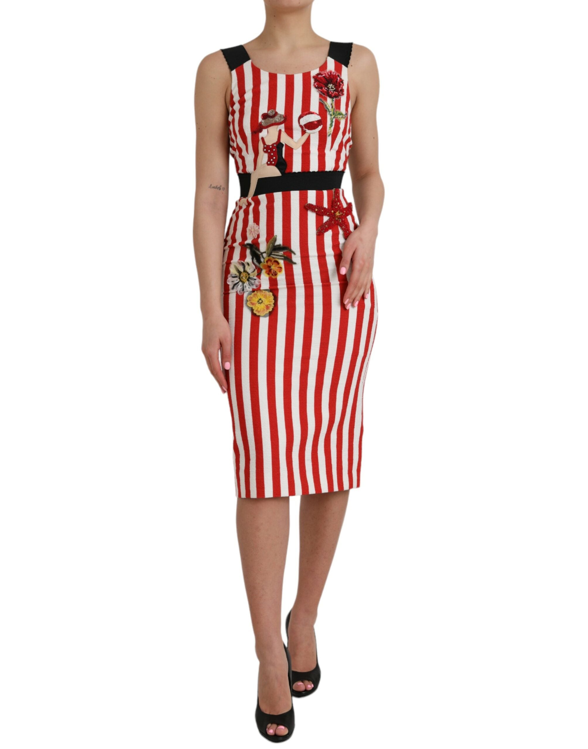Dolce & Gabbana Red White Floral Sleeveless Sheath Midi Women's Dress
