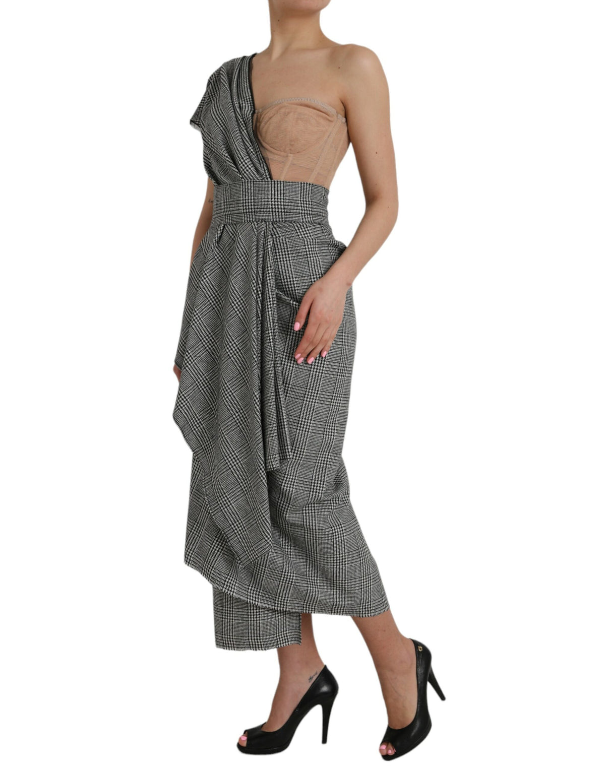 Dolce & Gabbana Gray Beige Layered One Shoulder Maxi Women's Dress
