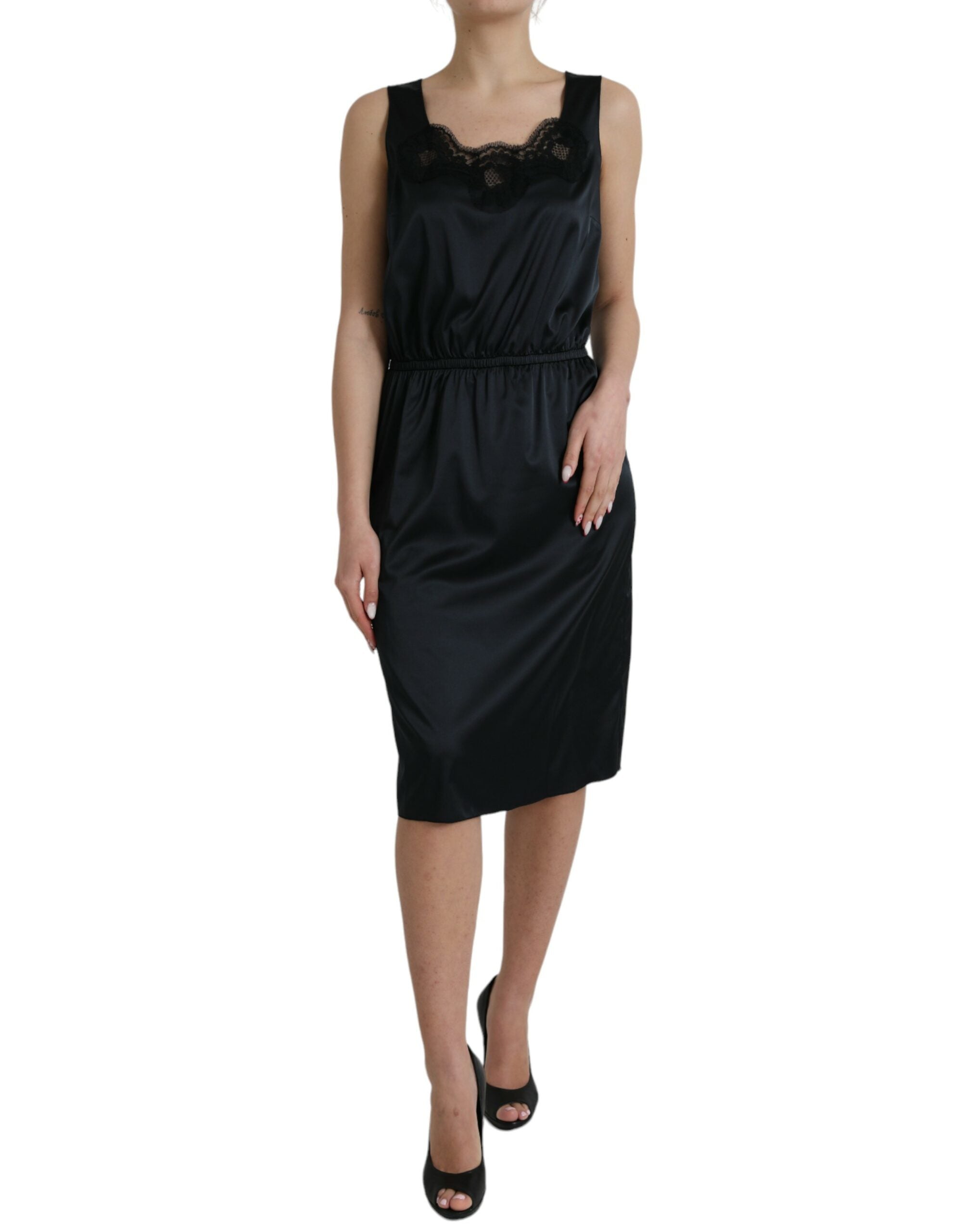 dolce and gabbana black midi dress Dolce & Gabbana Black Polyester Lace Trim Sheath Midi Dress