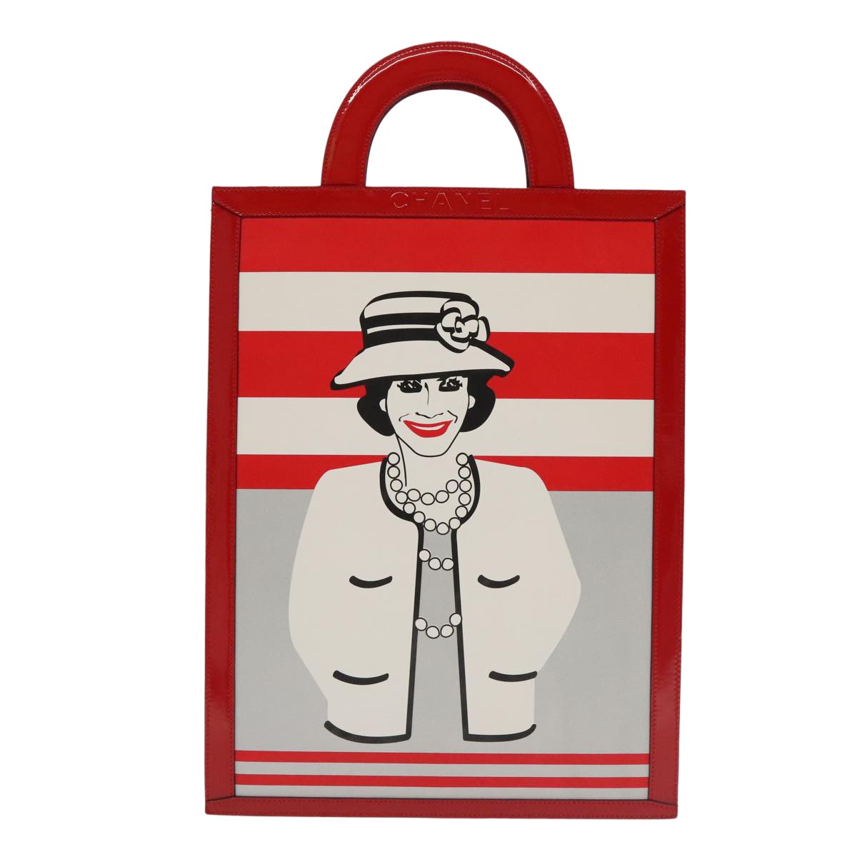 Chanel Vintage Portrait Tote Printed Leather And Quilted Patent Red Leather Tote Bag Bag (Pre-Owned)